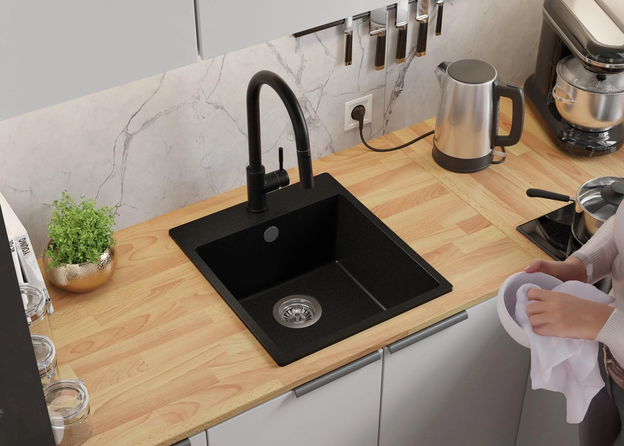 PRIMAGRAN Lavello da Cucina Nero 43x50cm, Lavandino in Granito a 1 vasca + Sifone Classico, Lavabo da Cucina Incasso al Mobile 45cm - Riga S125
