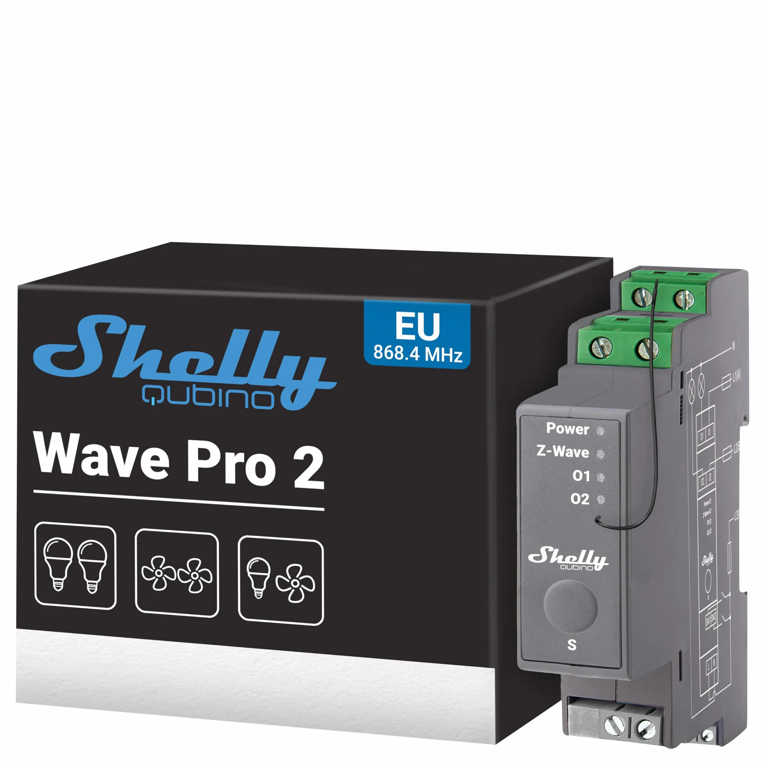 Shelly Wave Pro 2, Interruttore Intelligente Z-Wave Professionale, Contatti Puliti, 2 Canali, 25 A, Montaggio su Guida DIN, Controllo a 2 Fasi, Ripetitore di Rete Esteso, Alta Affidabilità