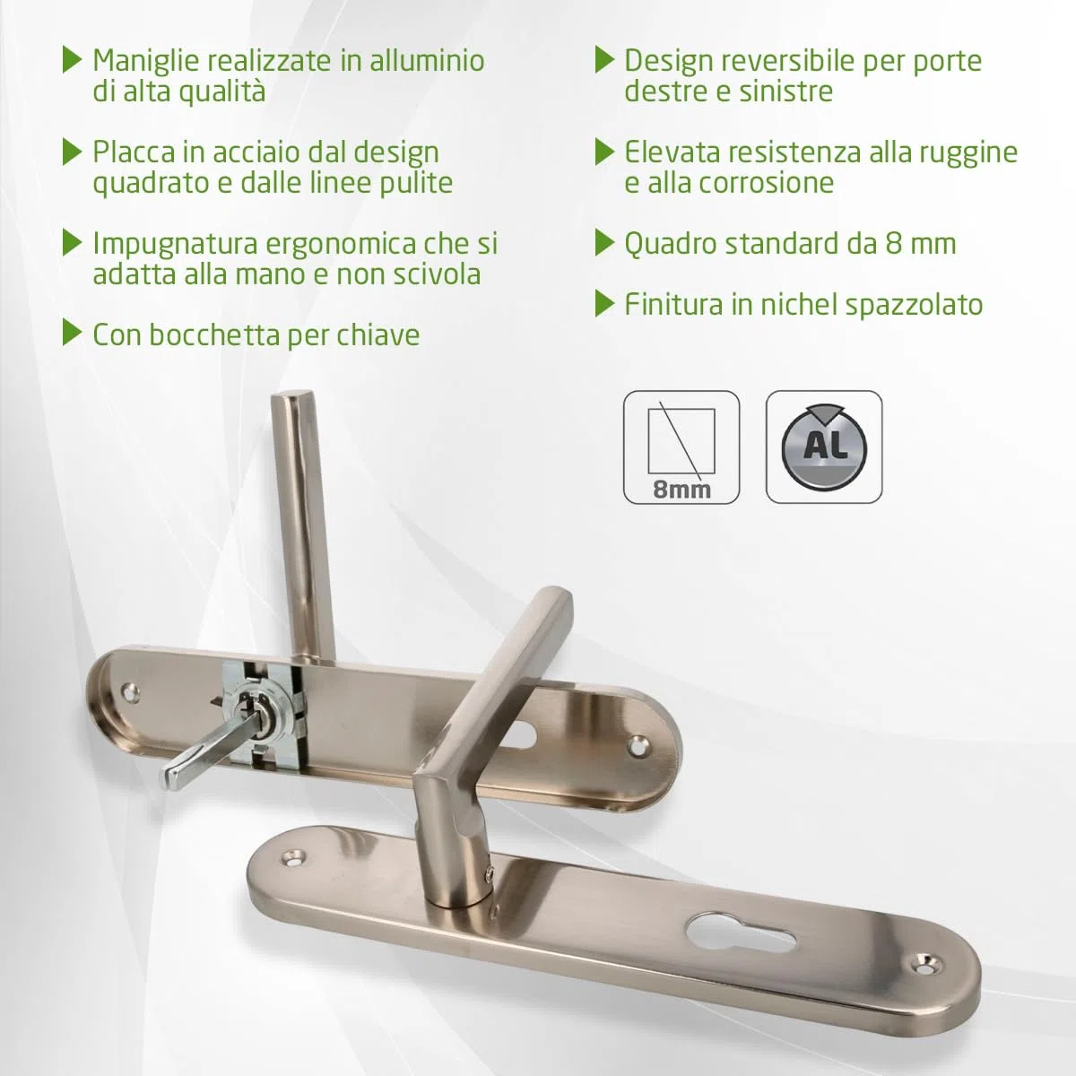 Amig - Confezione da 4 set di maniglie con piastra in acciaio per porte - mod. MAI PB85-240 x 45 mm – Quadretto da 8 mm – Design elegante e semplice – Con Bocallave – Alluminio nichel spazzolato
