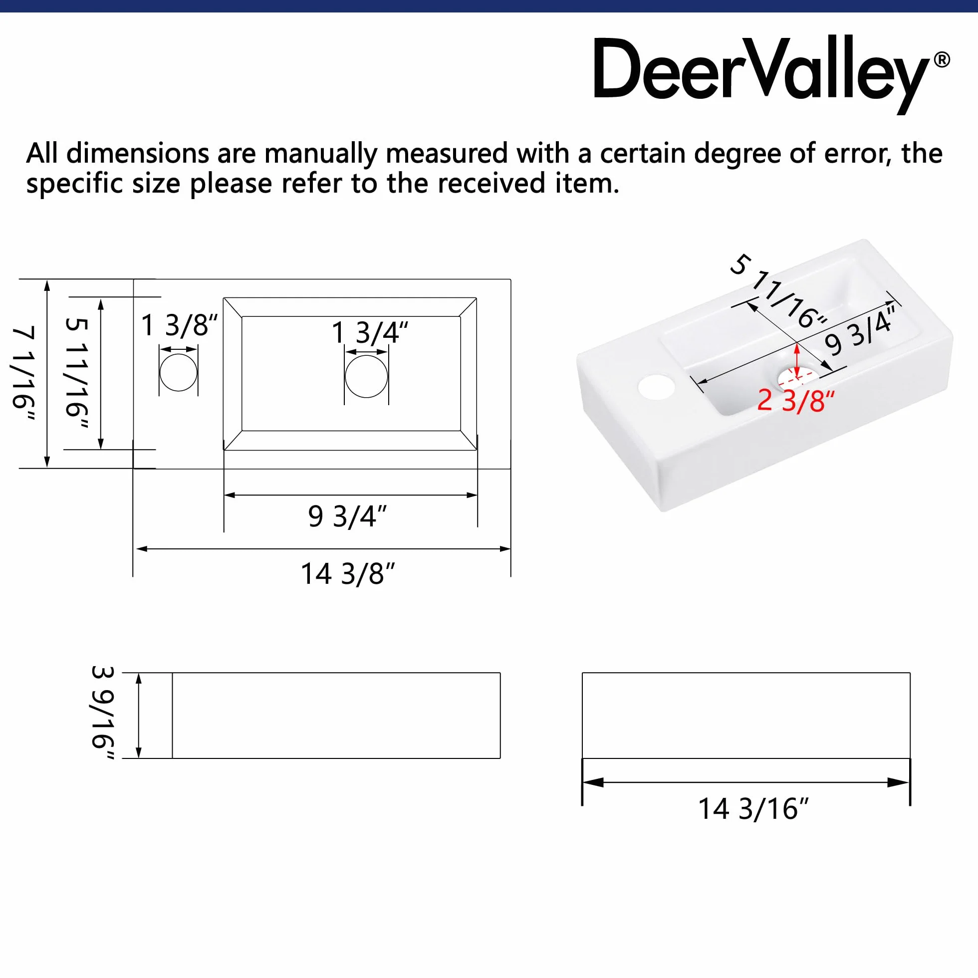 Small Bathroom Sink DeerValley, 15"x7" Mini Rectangle Wall Mount Vessel Sink for Bathroom Powder Room Cloakroom, Floating Space Saving Design, Easy to Clean White Ceramic Wash Basin (Left Hand)