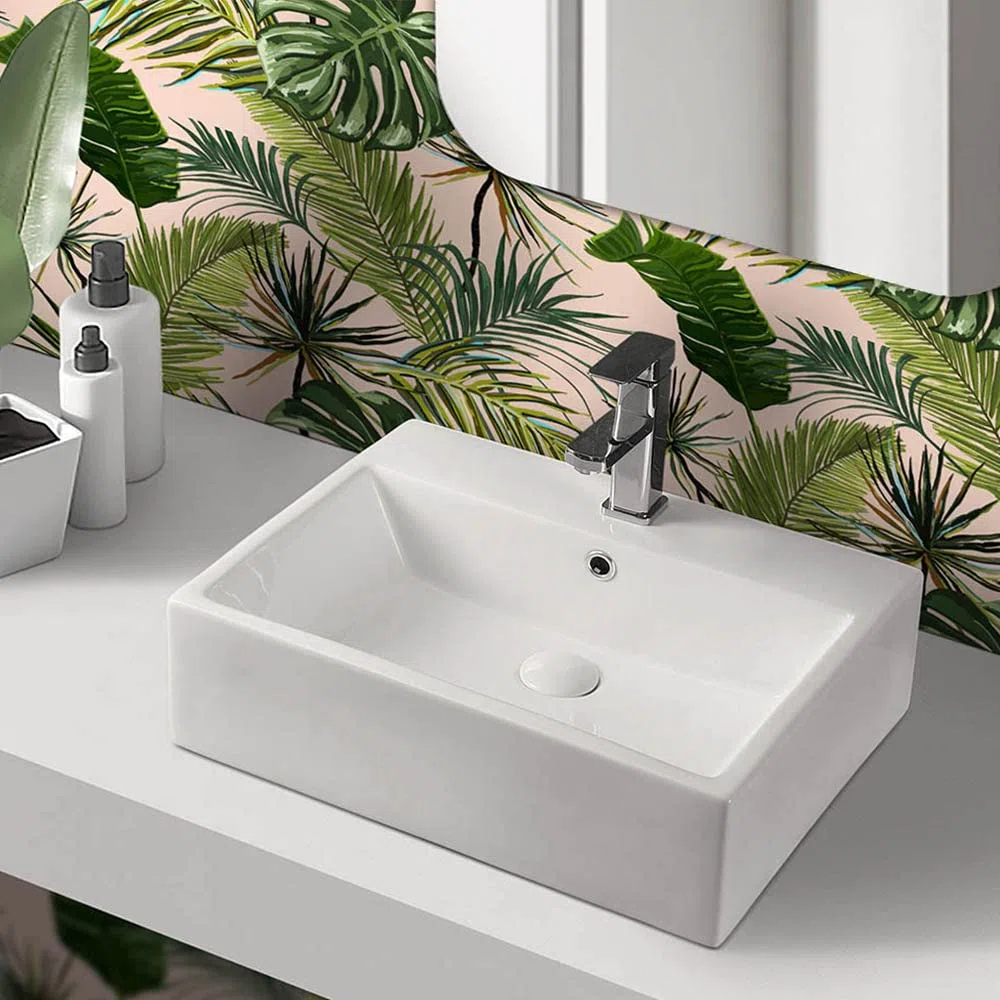 Inbagno Lavabo da appoggio Rettangolare con Foro Rubinetto, in Ceramica Bianca Lucida, Disponibile in Diverse Dimensioni (52x42)