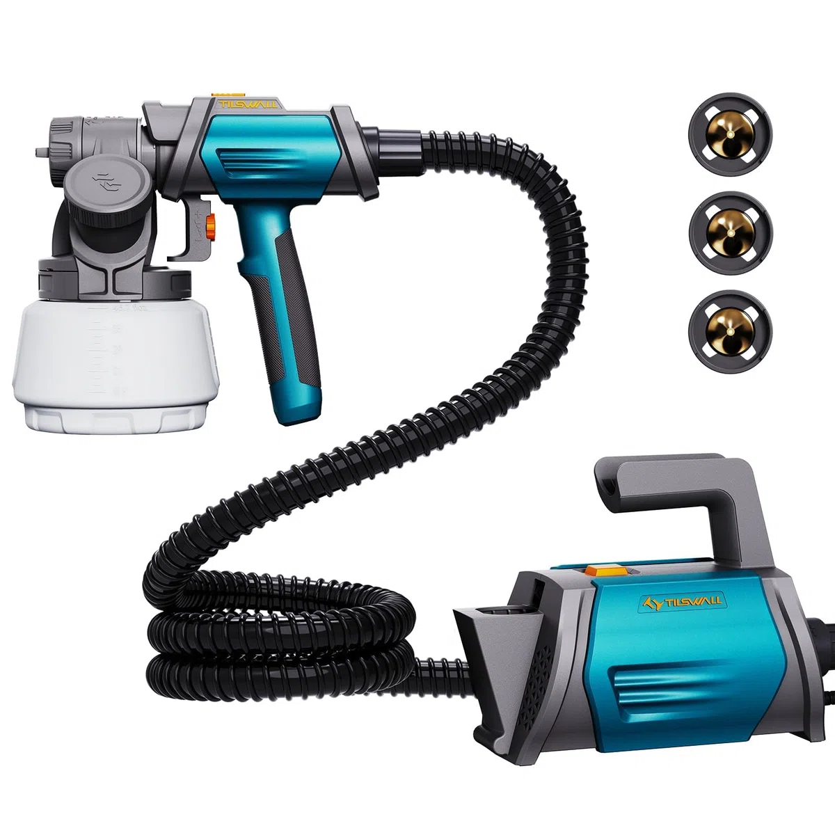Tilswall Pistola a Spruzzo per Verniciare Shark 800, Pistola Vernice Elettrica con Contenitore 1300 ML, 4 Ugelli in Ottone e 3 Modalità di Spruzzo, 1200 ML/MIN, Facile da Pulire per Mobili, Pareti