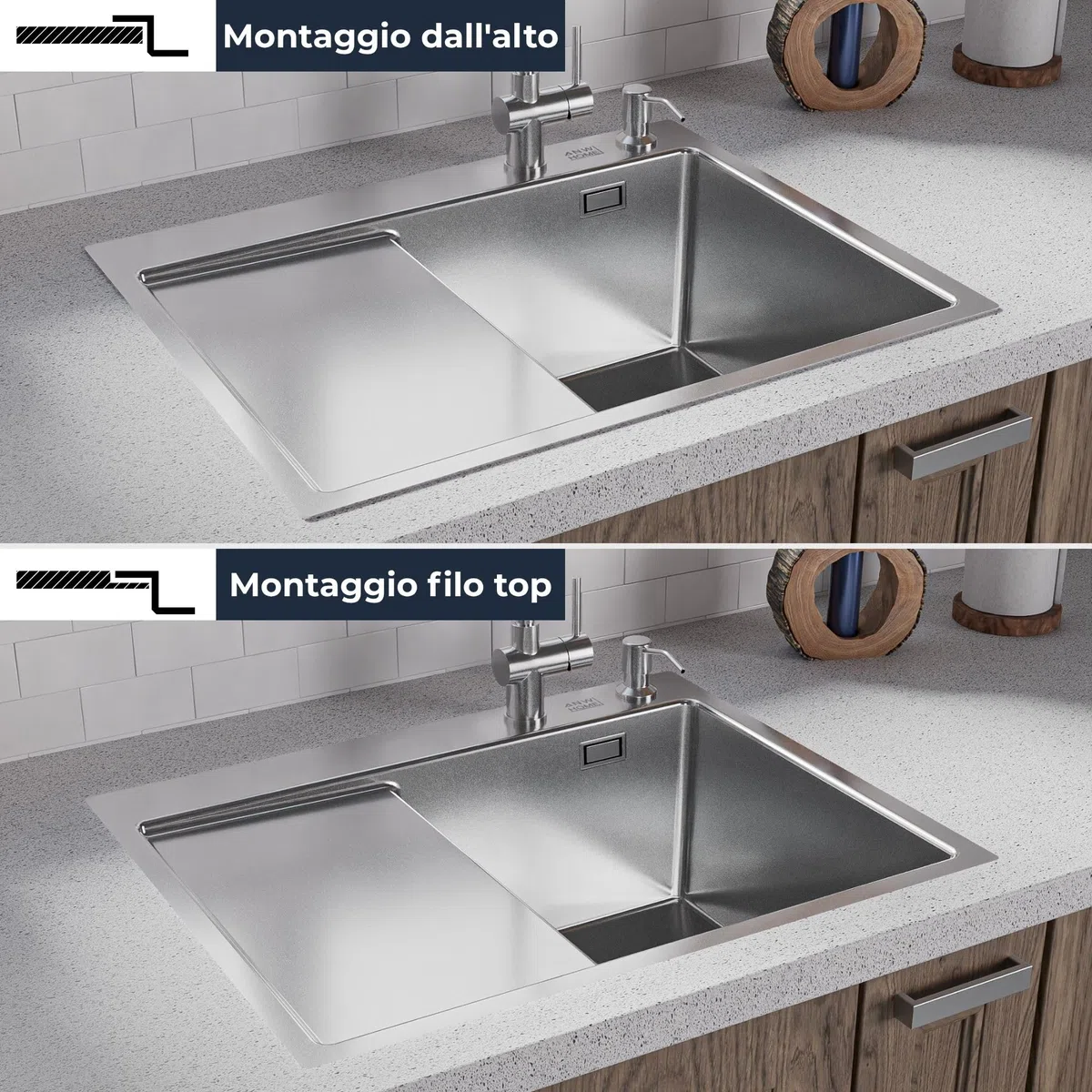 ANW HOME Lavello Cucina 1 Vasca Acciaio Inox, Lavandino Cucina da Incasso con Gocciolatoio 63x50 cm, Argento, Finitura Nano, Spessore 3.0/1 mm, con Sifone, Dosatore e Cestello