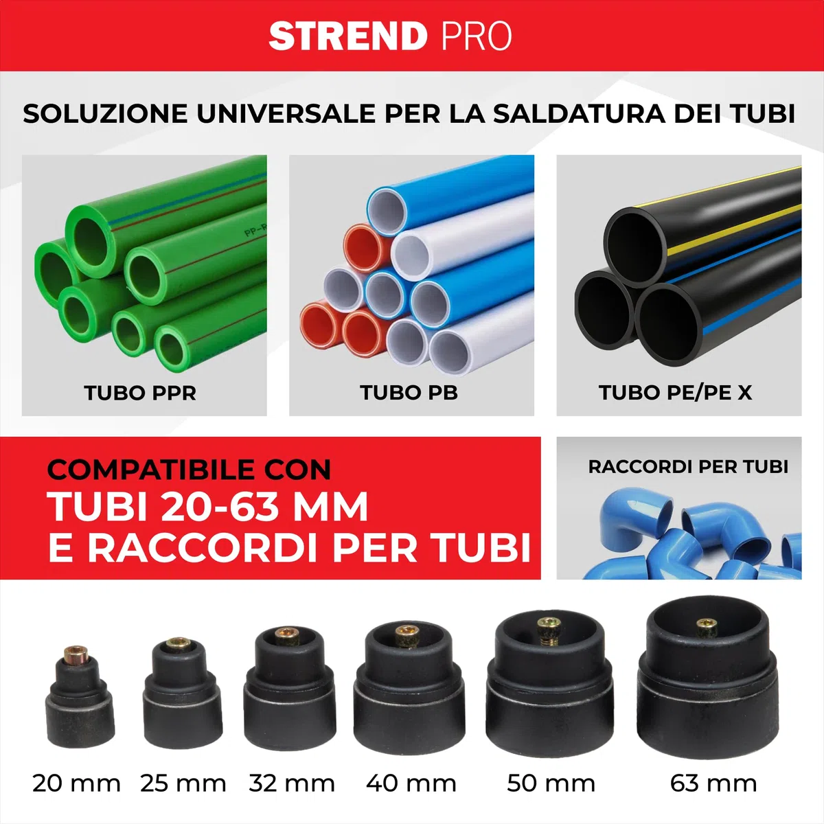 STREND PRO Saldatrice a Manicotto | 1500W Polifusione | Per Tubi in Plastica Ø20–63 mm - PPR, PE | Saldatrice Professionale con 14 Accessori | Regolazione 0–300°C