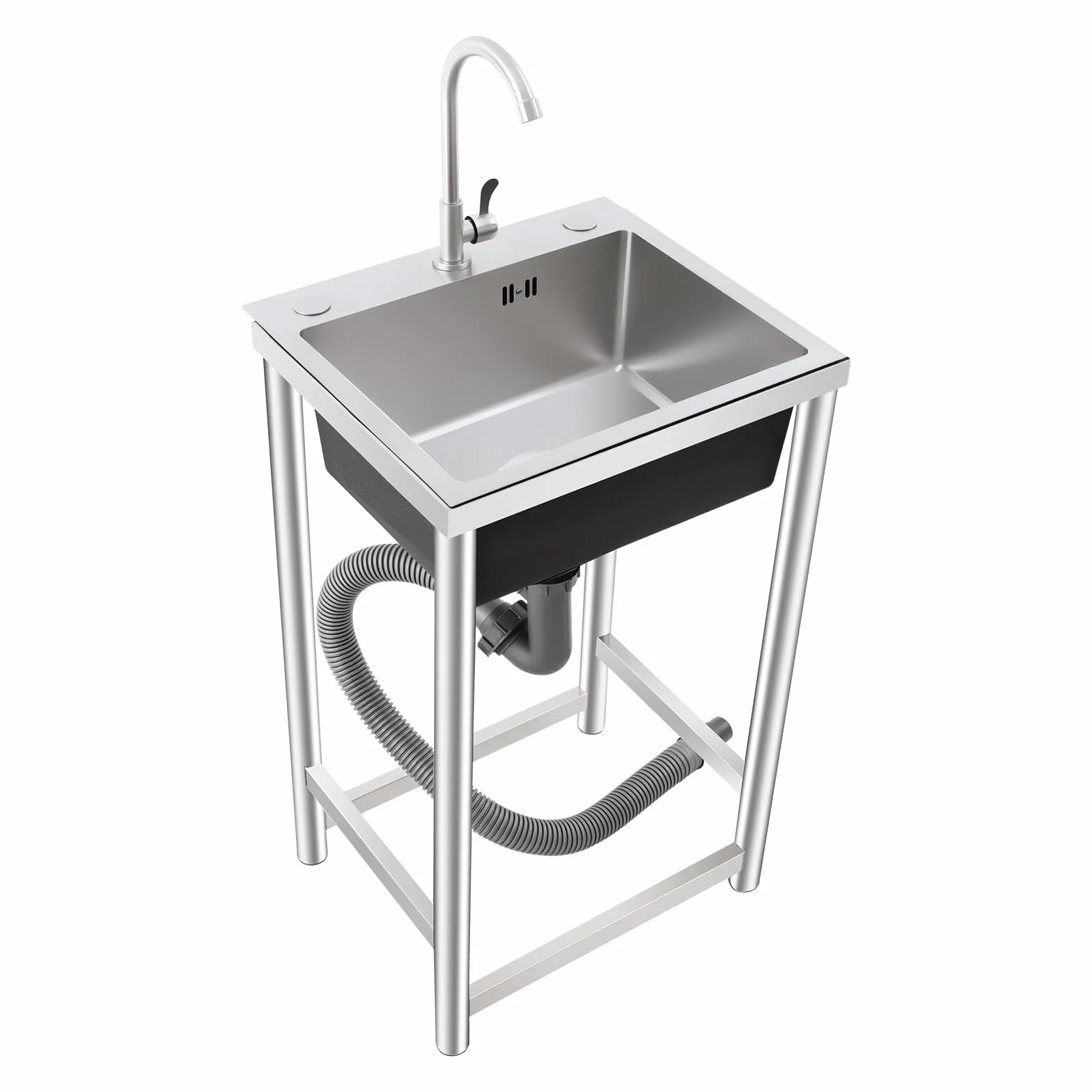 Lavello in acciaio inox a libera installazione, lavandino da cucina moderno grande, lavello con mobile sottostante da cucina, rettangolare, con troppo pieno, alta capacità, lavanderia e garage