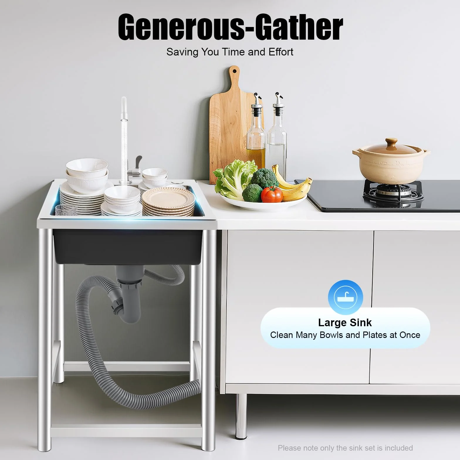 Lavello in acciaio inox a libera installazione, lavandino da cucina moderno grande, lavello con mobile sottostante da cucina, rettangolare, con troppo pieno, alta capacità, lavanderia e garage
