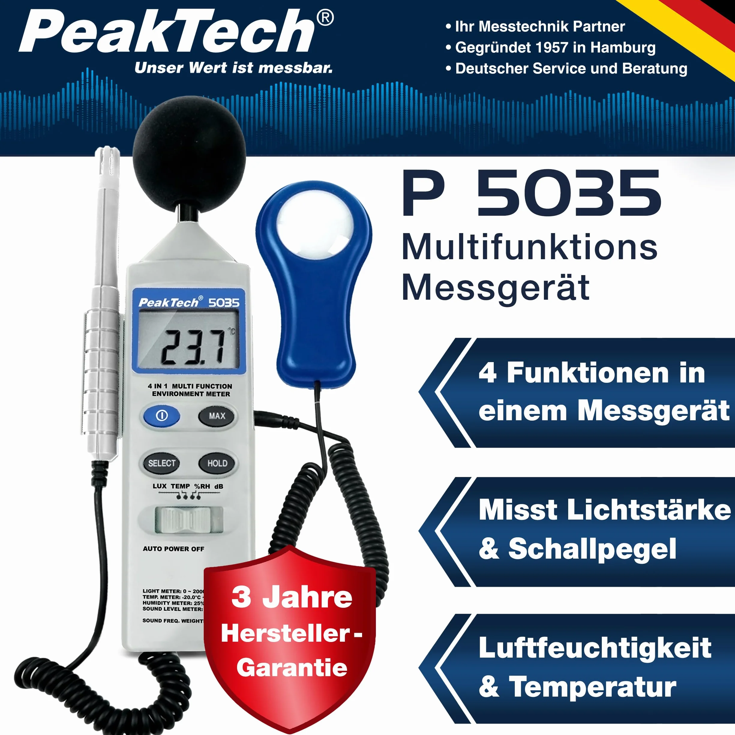 Peaktech 5035 - Dispositivo di Misurazione Ambientale Multifunzione 4 in 1, Suono, Temperatura, Umidità e Luminosità, Schermo LCD, Sensore di Tipo K, Funzionamento a Batteria - 250G