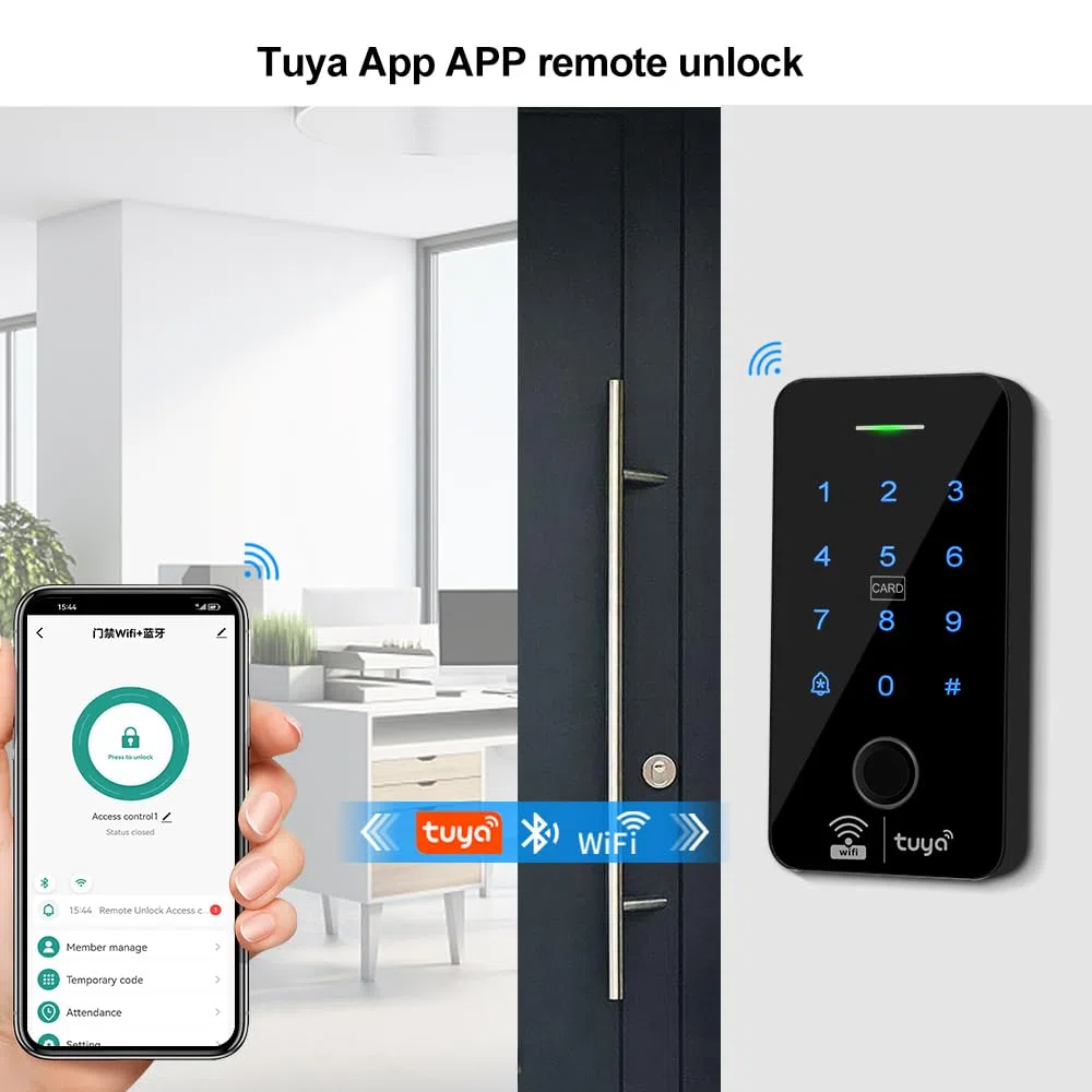 Kit Sistema di Controllo di Accesso WiFi Tuya Impermeabile di Impronte Tastiera RFID 125KHz 13.56MHz con Serratura Elettrica Della Porta, Alimentatore DC12V + 10pcs Portachiavi