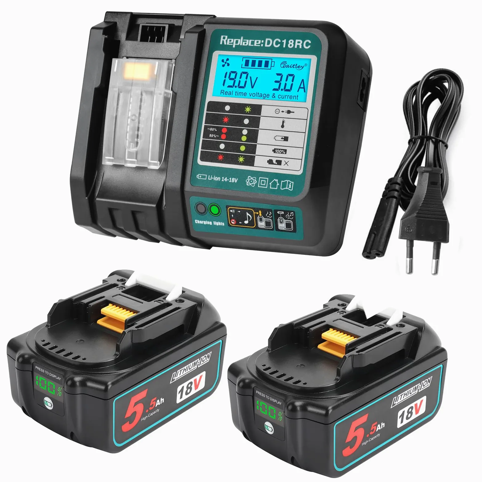 Powarobor 2x BL1850B 18V 5.5Ah Batteria di ricambio agli ioni di litio Compatibile con Makita 18Volt BL1830 BL1850 BL1860B con indicatore LED con kit caricabatterie