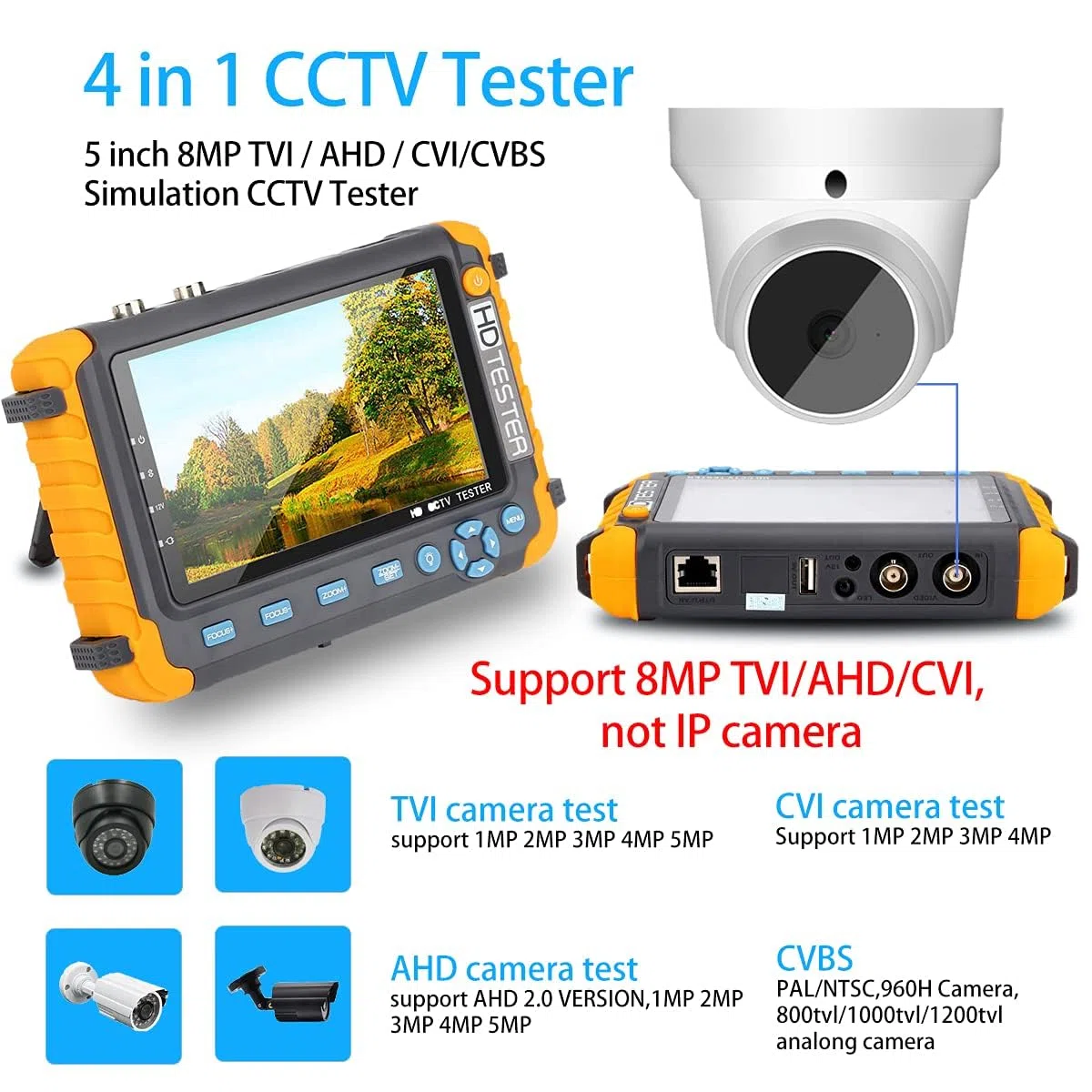 Tester videosorveglianza TVCC 4 in 1, supporta test telecamera 5MP AHD 5MP TVI 4 MPVCVI CVBS con ingresso VGA/HDMI, prova cavo RS485 UTP, potenza di uscita CC 12V 1A