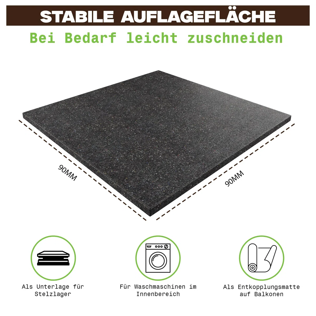 200 cuscinetti per terrazze, 90 mm x 90 mm x 10 mm, in granulato di gomma per terrazze in legno e terrazze – 3/6/8/10/20 mm di spessore, made in Germany, protezione per costruzioni per