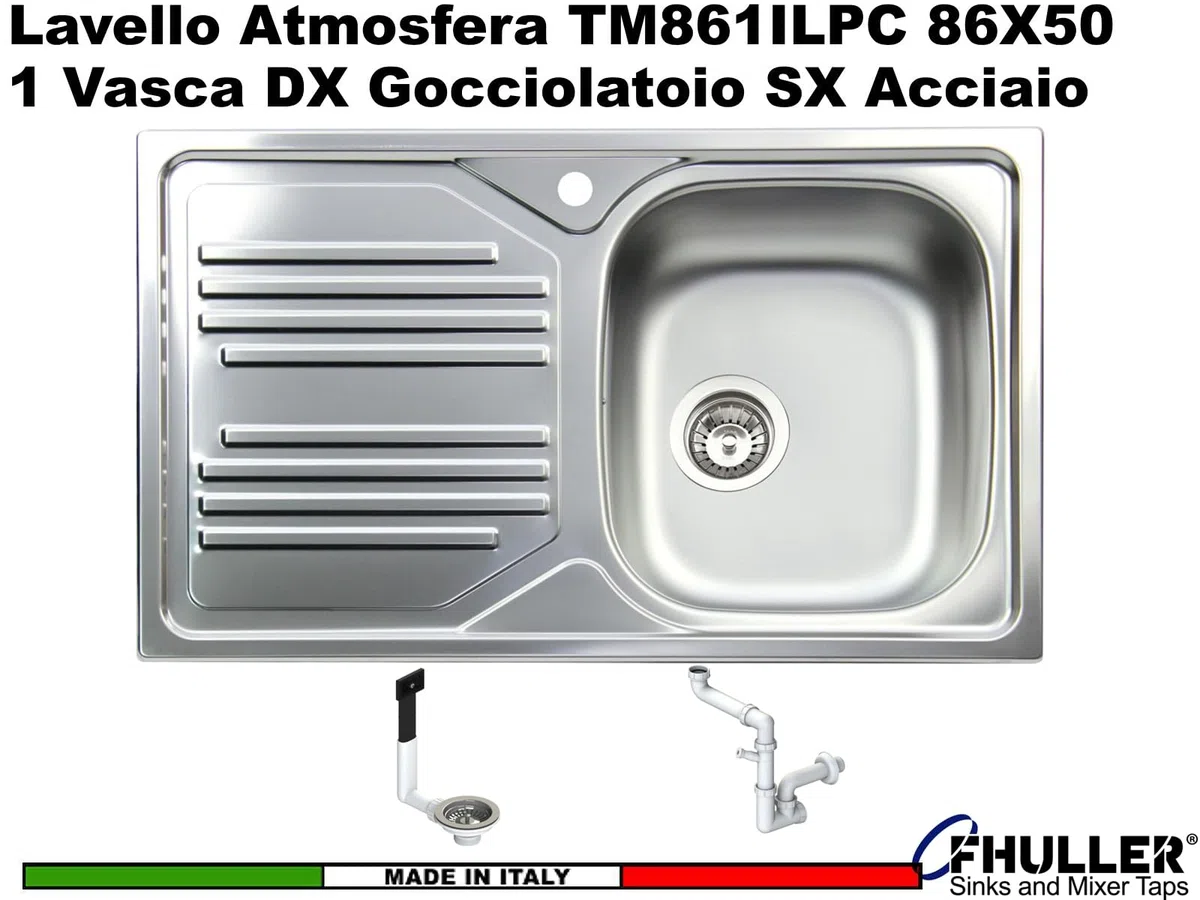 FHULLER TM861ILPC Lavello Cucina Acciaio Inox Prelucido 86X50 con 1 Vasca 33X37 H 15,5 Destra e Gocciolatoio Sinistra ● Incasso Cucina Atmosfera ● Made in Italy - Lavabo da Incasso Made in Italy