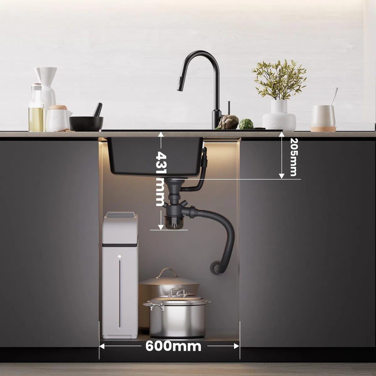 CECIPA 78 x 45 cm Lavello Cucina con Arco Rubinetto Estraibile, Lavello Nero con Gocciolatoio in Granito, Lavandino Cucina Nero per Mobile di lunghezza 60cm con Troppopieno e Sifone