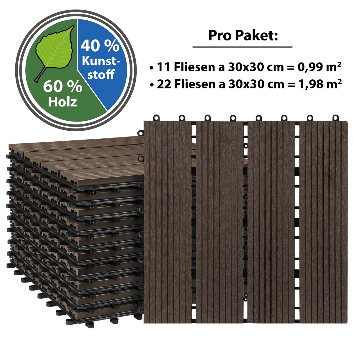 Montafox Piastrelle WPC 30x30 cm 11 Pezzi / 1 m² o 22 Pezzi / 2 m² a Incastro Effetto Legno Pavimento per Terrazza e Balcone, Dimensione:2 m² | 22 Piastrelle, Colore:Marrone Scuro