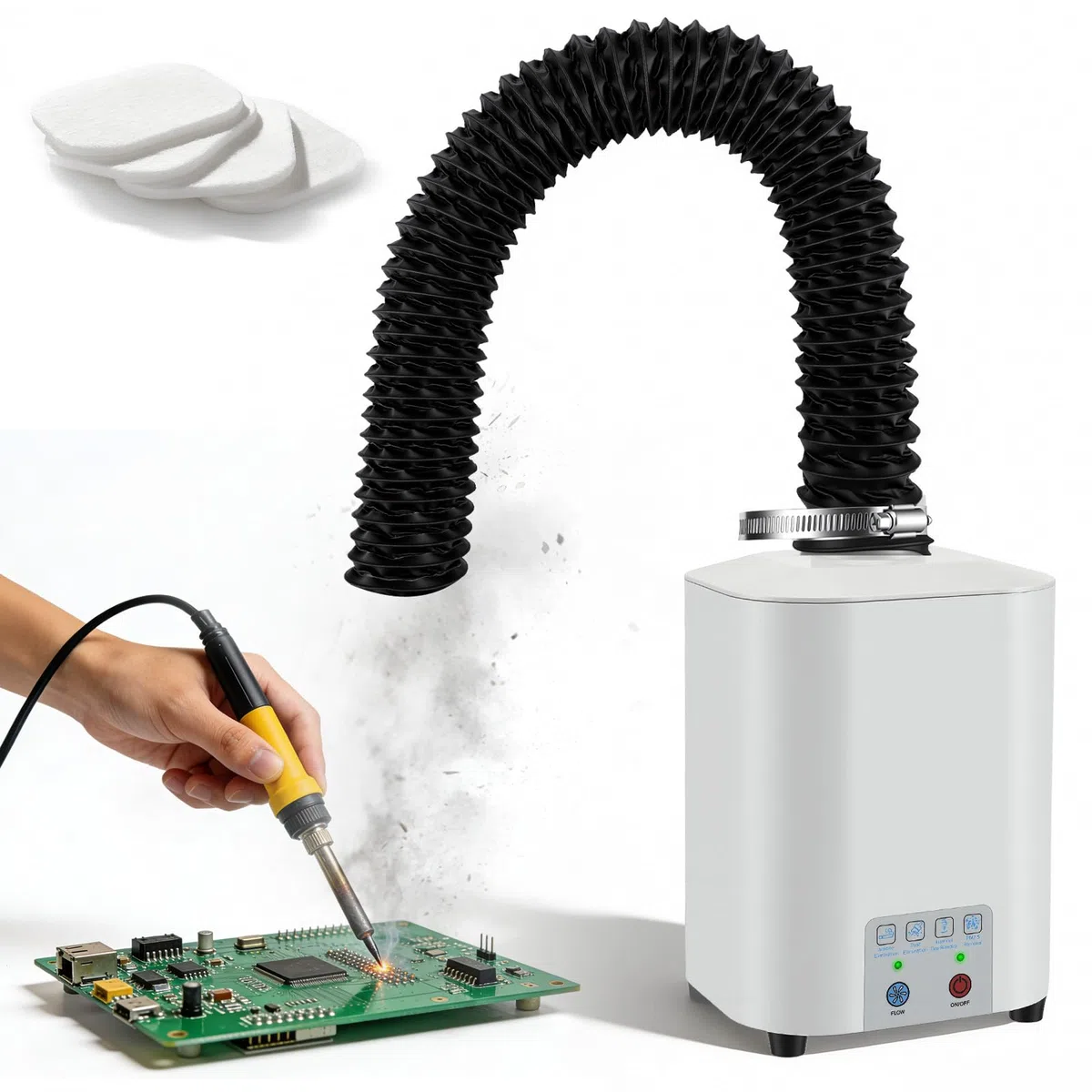 Aspirazione fumi di saldatura Estrattore da tavolo da 50 W 128 m³/h, sistema di filtraggio a 3 stadi con carbone attivo + HEPA, assorbitore compatto di fumi di saldatura per stazione di saldatura sald