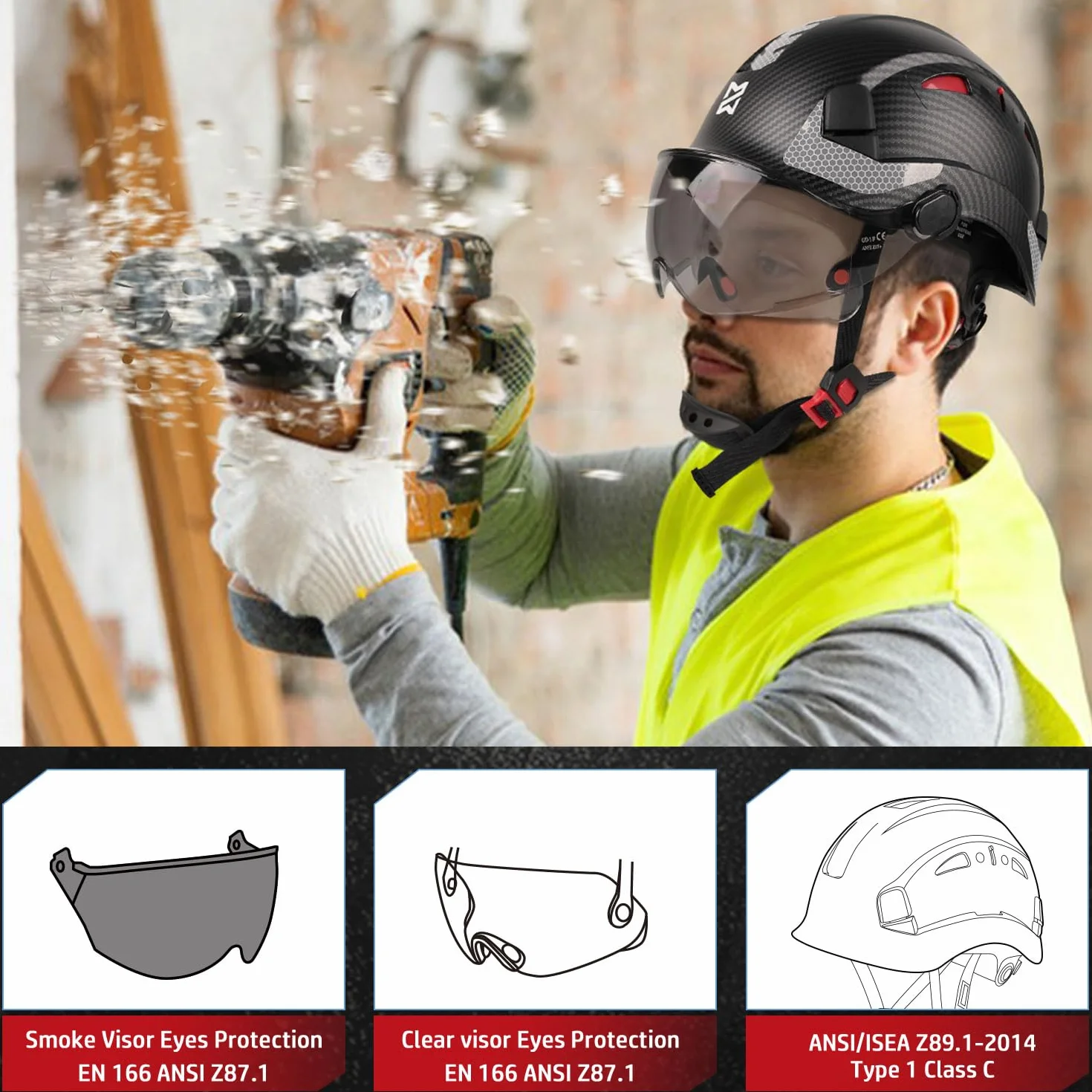 HEARMOR Casco di sicurezza e protezione dell'udito, ANSI Z89.1, certificato ANSI Z89.1, leggero, ventilato, sospensione a 6 punti, ideale per l'industria e l'edilizia