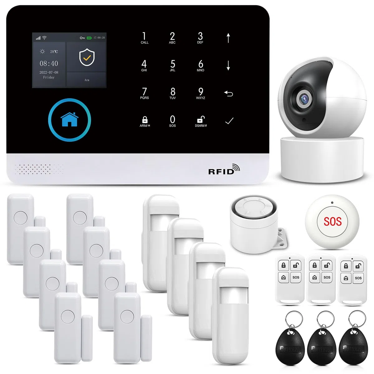 PGST Sistema di allarme Casa WIFI GSM,22 Kits Allarme Casa, con 2MP Telecamera di Sorveglianza, Sirena, Sensori Per Porta Finestre, Sensore di Movimento, Compatible App Smart Life/Tuya