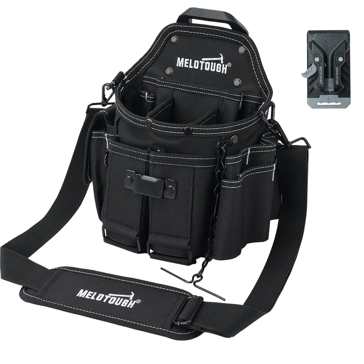 MELOTOUGH Borsa porta attrezzi da elettricista con tracolla professionale tasca porta attrezzi da cintura con clip da cintura per attaccare e rilasciare rapidamente la borsa degli attrezzi