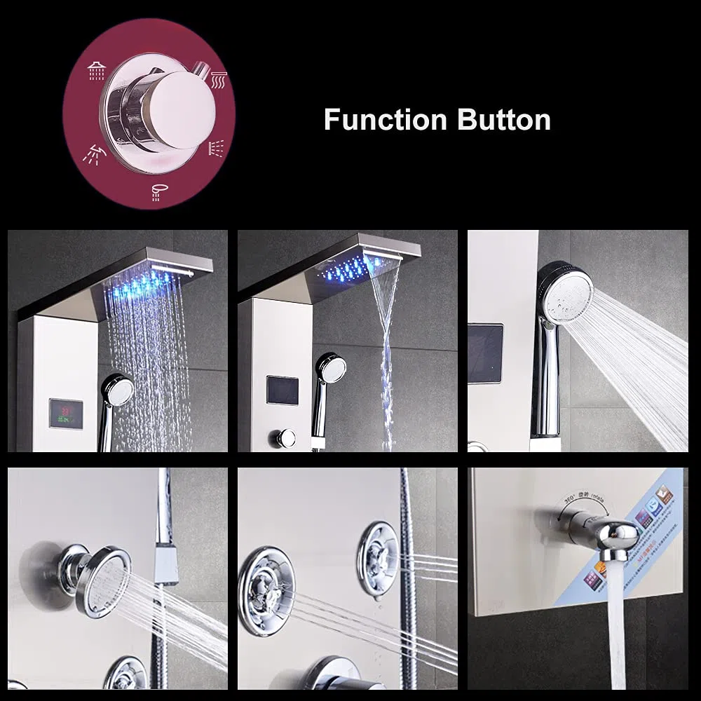 LED Colonna Doccia Idromassaggio Pannello Doccia Set con 5 Funzioni in 304 Acciaio Inox,Miscelatore da Massaggi, Soffione Fisso, Doccetta e Bocca Vasca per Bagno