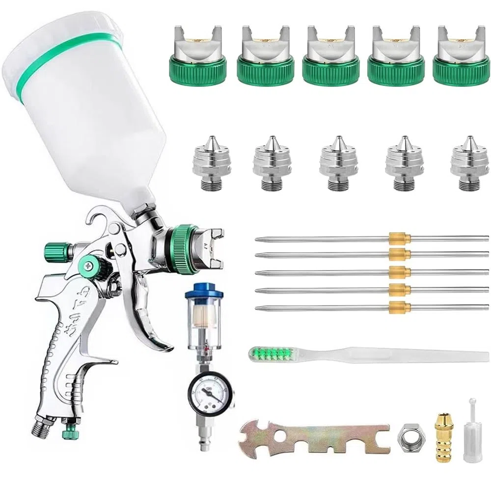 HVLP pistola a spruzzo con 5 ugelli da 1,4/1,7/2,0/2,5/3,0mm, Aerografo per verniciare 600ml, per riparazioni di piccoli mobili per auto