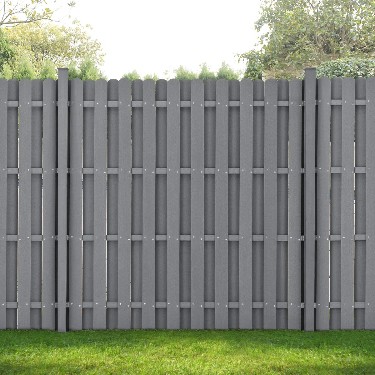 NEU.HOLZ Steccato per Giardino Staccionata con Doghe e 2 Colonne in WPC Legno Composito Recinzione con Base in Acciaio 185 x 193 cm - Grigio