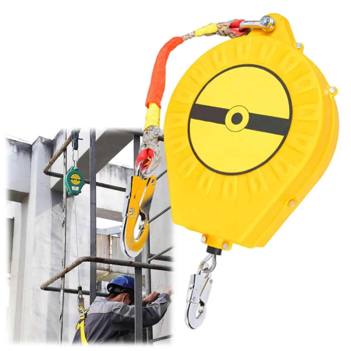 Imbracatura di Sicurezza Anticaduta Tetto, Dispositivo Anticaduta Retrattile Certificato 3-20 mt, 150kg Dispositivo Retrattile di Sicurezza Anticaduta Lavoro Aereo(Giallo,10 Metri)