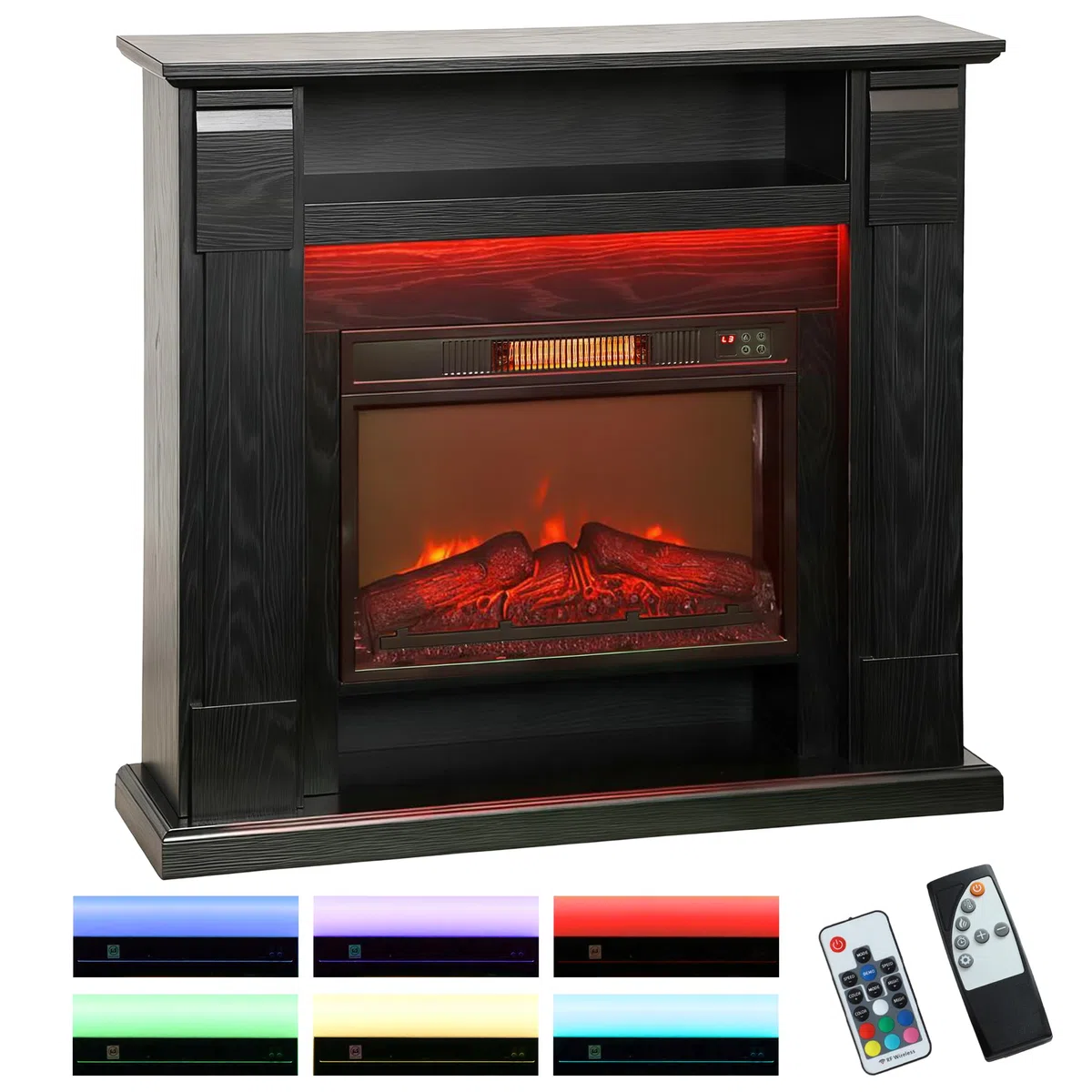 HOMCOM Camino Elettrico con Cornice Effetto Fiamma 3D Realistico 3 Luminosità, 1800W Caminetto Elettrico da Incasso/Terra, Luce LED, Riscaldamento Regolabile, 2 Telecomandi, Termostato, Timer, Nero