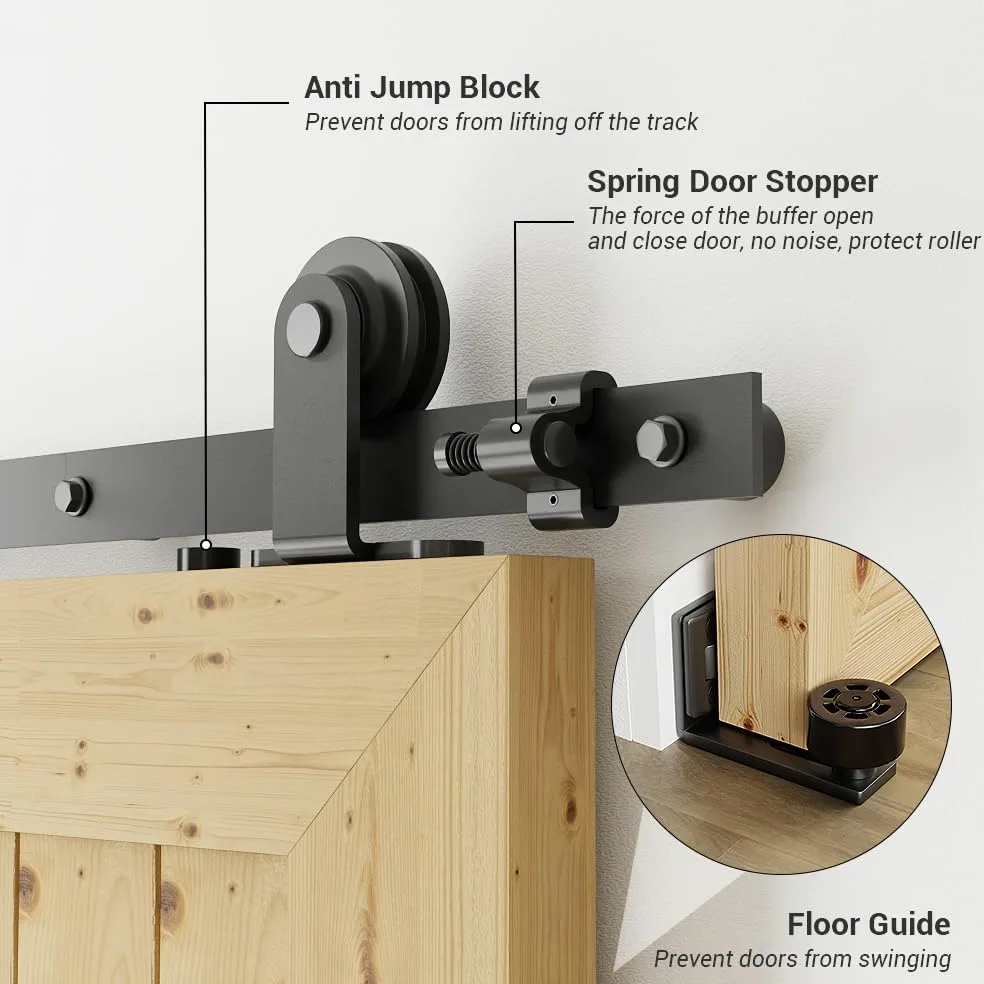 TSMST 6.6FT/200CM Binario per Porta Scorrevole, Nero e Rustico Kit Accessori con Guida a Pavimento Regolabile