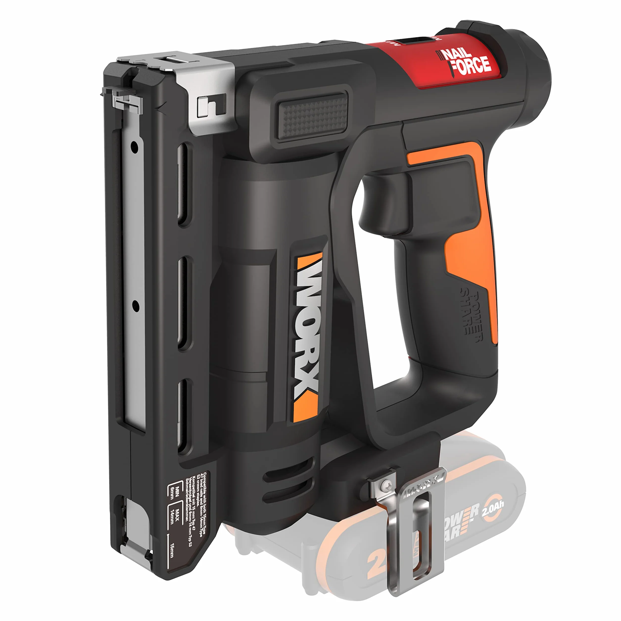 WORX WX843.9 Pinzatrice chiodatrice 20 V | PowerShare | Senza batteria e caricatore | Chiodi 1,2 mm tipo 47 e graffette 11,4 mm tipo 53 | Regolazione della profondità senza attrezzi