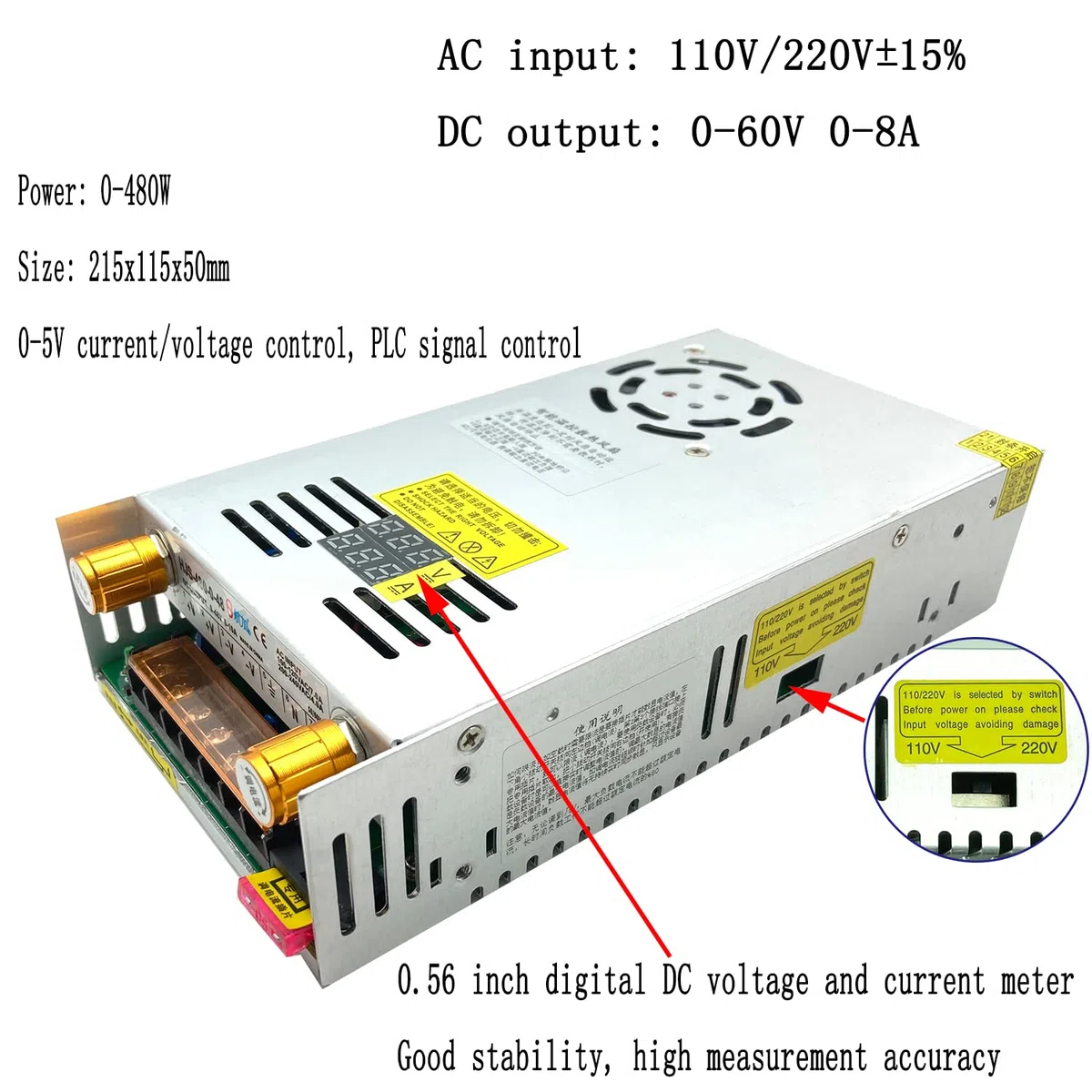 Trasformatore AC-DC 0-60V 0-8A480W Tensione e corrente regolabili Con display digitale Alimentazione switching regolata in CC Per la regolazione della velocità del motore CC