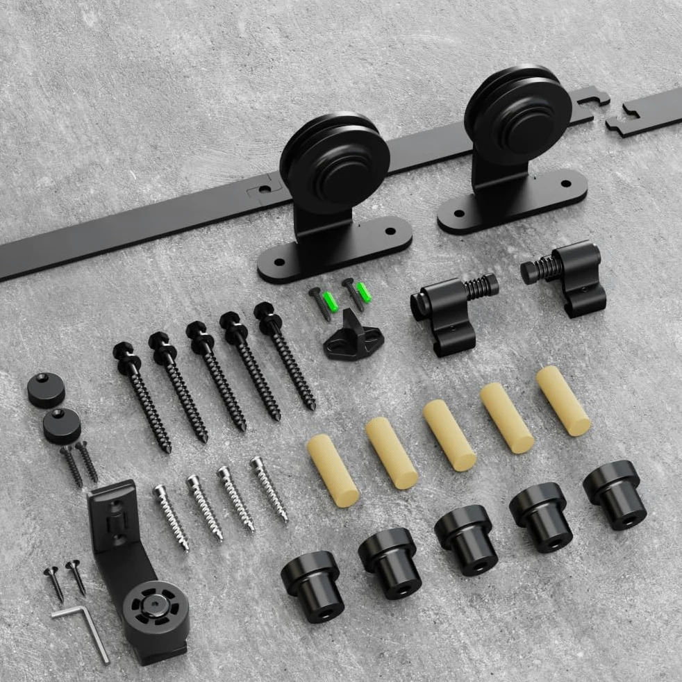 TSMST 6.6FT/200CM Binario per Porta Scorrevole, Nero e Rustico Kit Accessori con Guida a Pavimento Regolabile