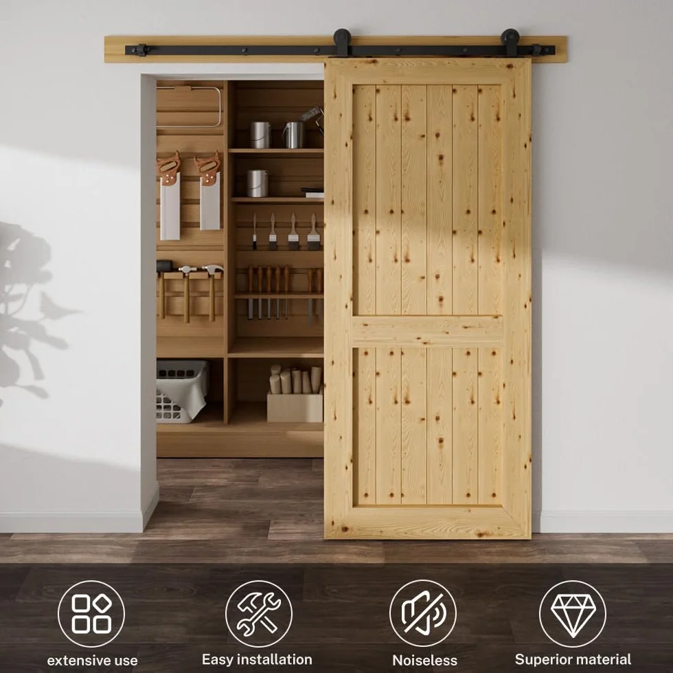 TSMST 6.6FT/200CM Binario per Porta Scorrevole, Nero e Rustico Kit Accessori con Guida a Pavimento Regolabile