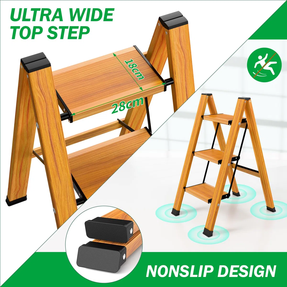3 Gradini Scala Pieghevole in Alluminio, Scala Portatile Antiscivolo, Scala Multifunzione con Design a Trama Legno, Resistente fino a 150 kg per Casa, Cucina, Bagno, Campeggio