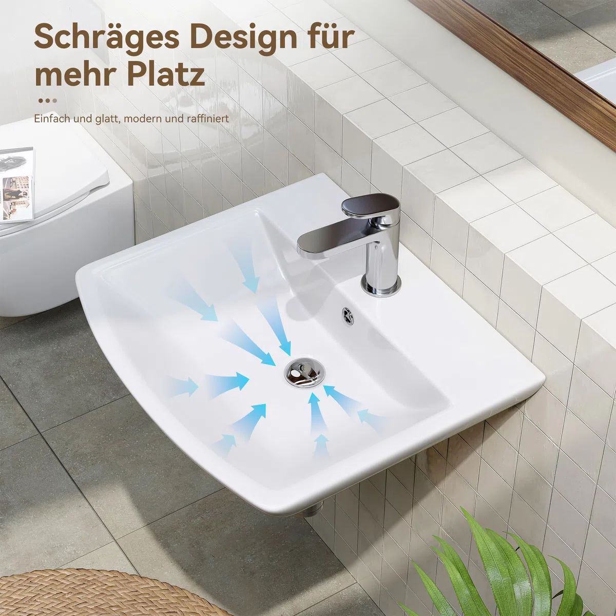 HOROW Lavabo da bagno piccolo con troppopieno, lavabo da tavolo, per bagno degli ospiti, lavabo sospeso, lavabo da parete con foro per rubinetto, in ceramica, bianco, 50 cm