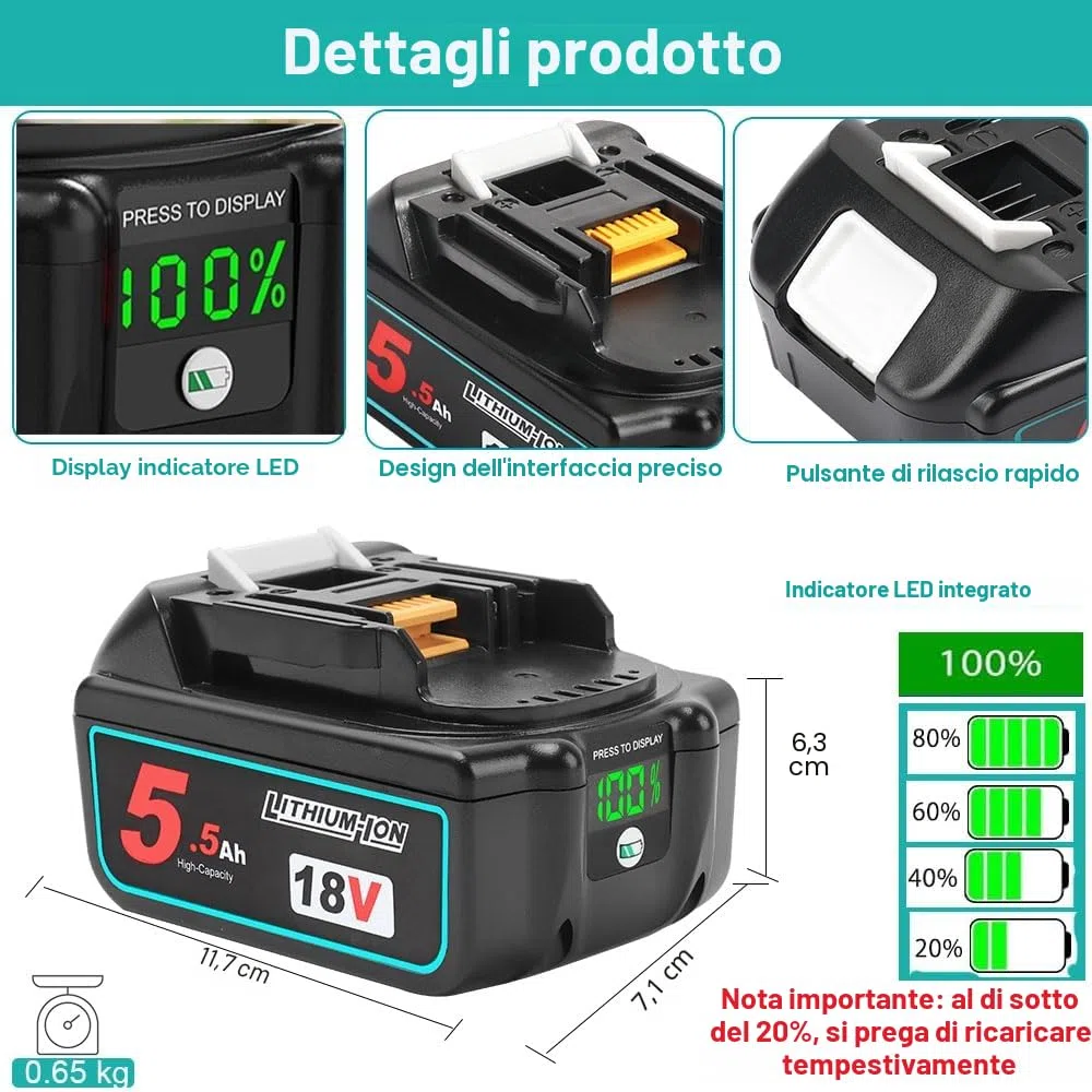 Powarobor 2x BL1850B 18V 5.5Ah Batteria di ricambio agli ioni di litio Compatibile con Makita 18Volt BL1830 BL1850 BL1860B con indicatore LED con kit caricabatterie