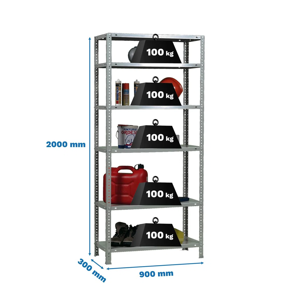 Simon Rack Scaffale Metallo Garage e 6 Ripiani, Capacità di Carico 100 kg e Punto di Flessione, 2000x900x300 mm, Metallo, Scaffalatura per Garage, Zincato - Comfort
