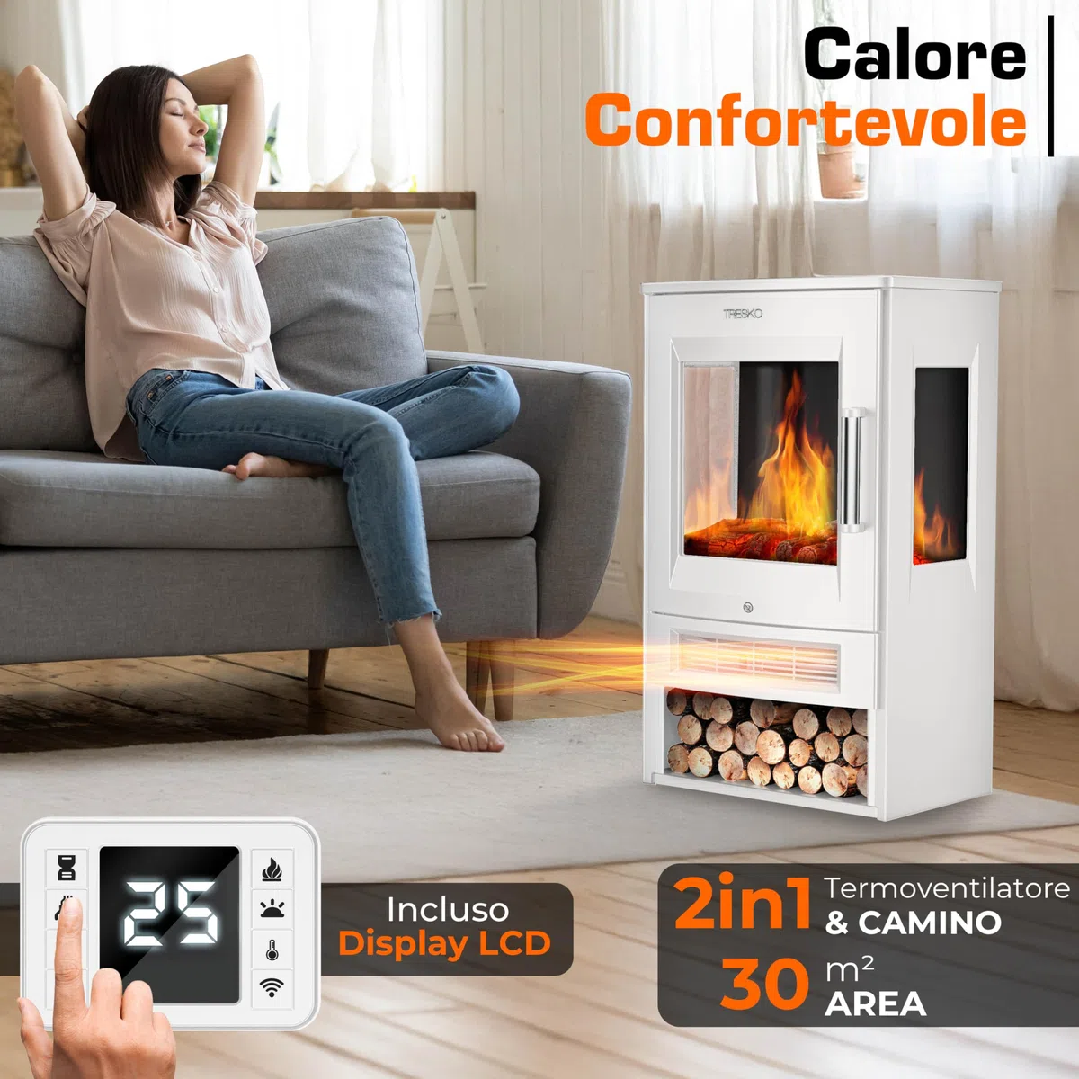 TRESKO Camino elettrico con riscaldamento con telecomando e app WiFi, camino elettrico, 1800 W, effetto fiamma a LED, modalità di colore, termostato, timer, stufa elettrica, camino, camino, 2 livelli