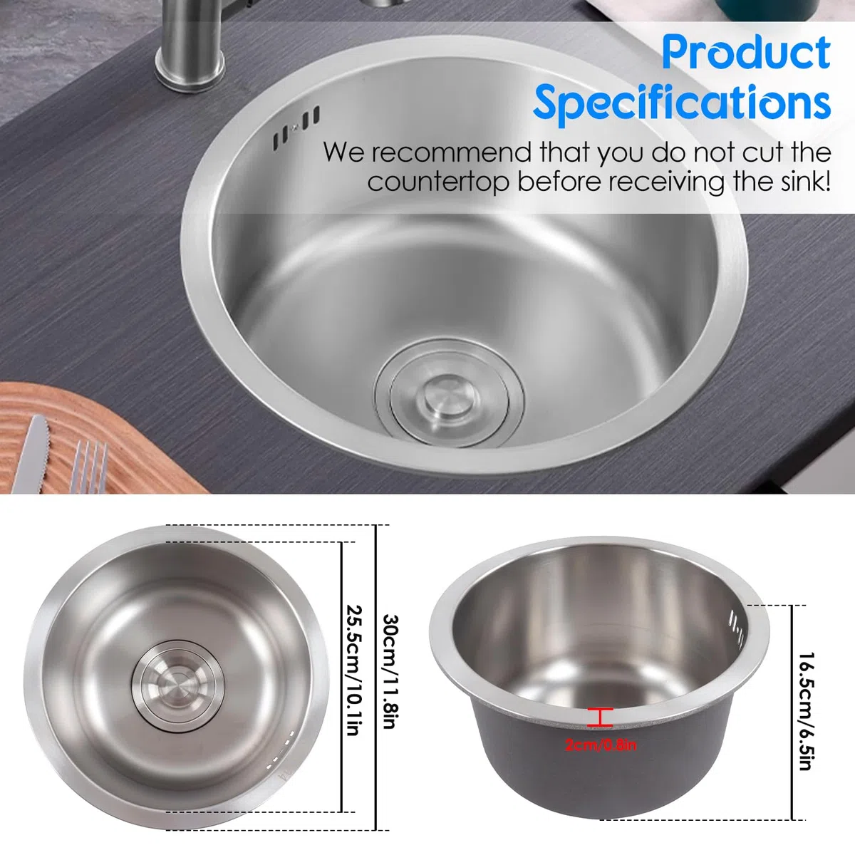 Lavello da Cucina 30 x 16,5cm, Lavello Incasso Vassoio per Lavello Rotondo in Acciaio Inossidabile con Raccordo per Tubo di Scarico, Lavabo Cucina Incasso, Lavabo da Cucina per Cucina Bagno Camper