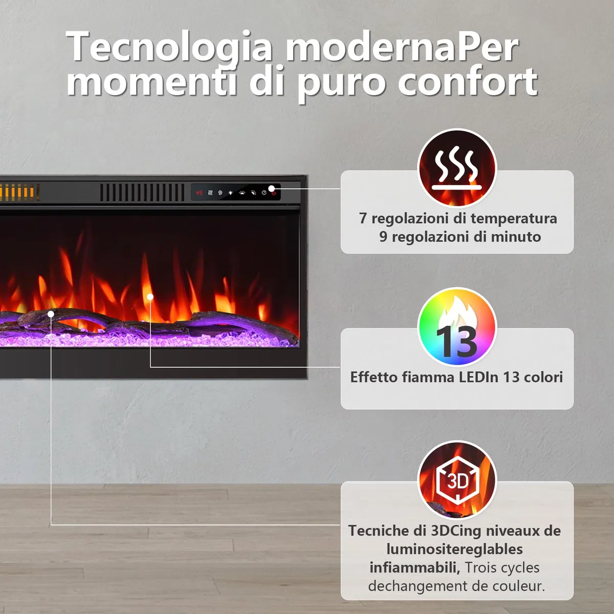 Camino elettrico da 50 pollici 127 cm 3D effetto fiamma telecomando senza batteria