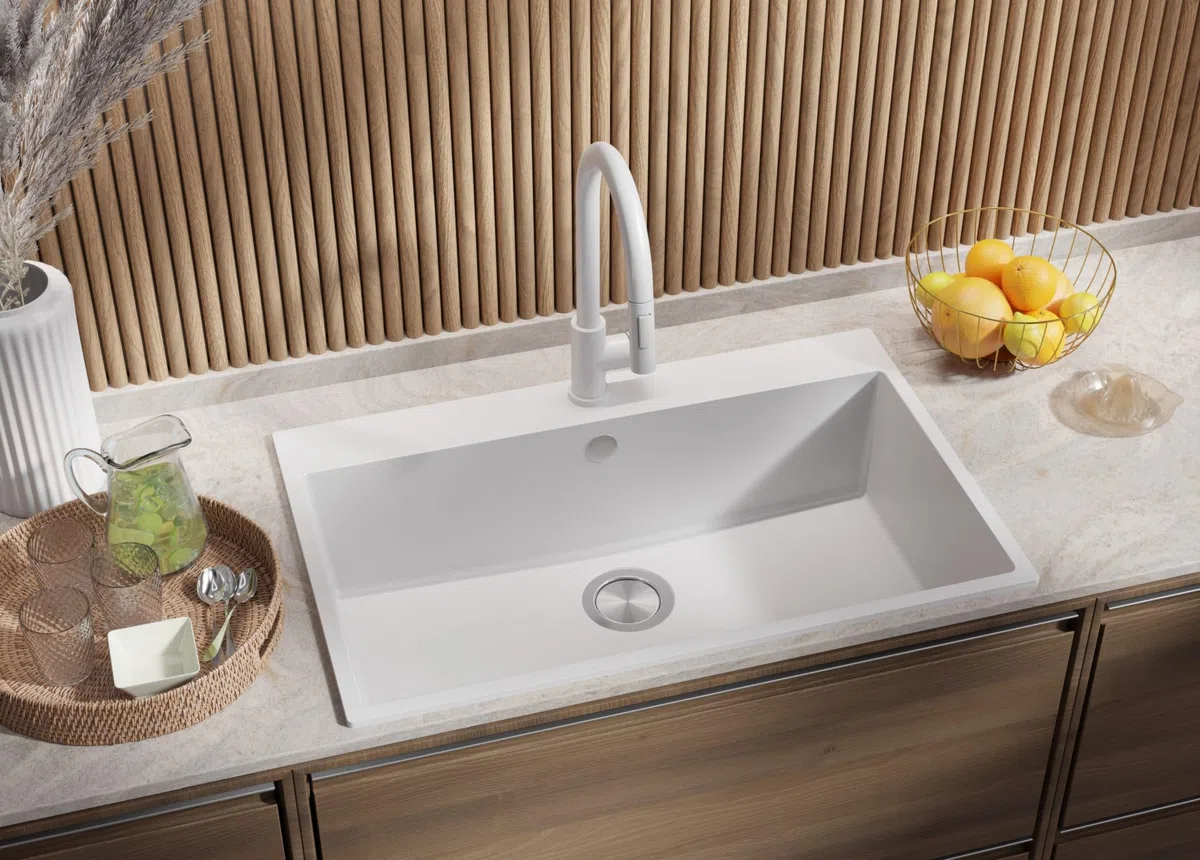 PRIMAGRAN Lavello da Cucina Bianco 78x50cm, Lavandino in Granito a 1 vasca + Sifone Classico, Lavabo da Cucina Incasso al Mobile 80cm - Riga S396