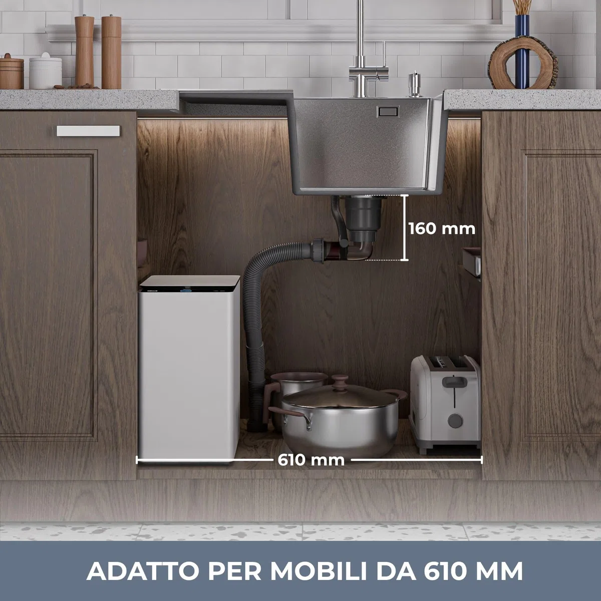 ANW HOME Lavello Cucina 1 Vasca Acciaio Inox, Lavandino Cucina da Incasso con Gocciolatoio 63x50 cm, Argento, Finitura Nano, Spessore 3.0/1 mm, con Sifone, Dosatore e Cestello