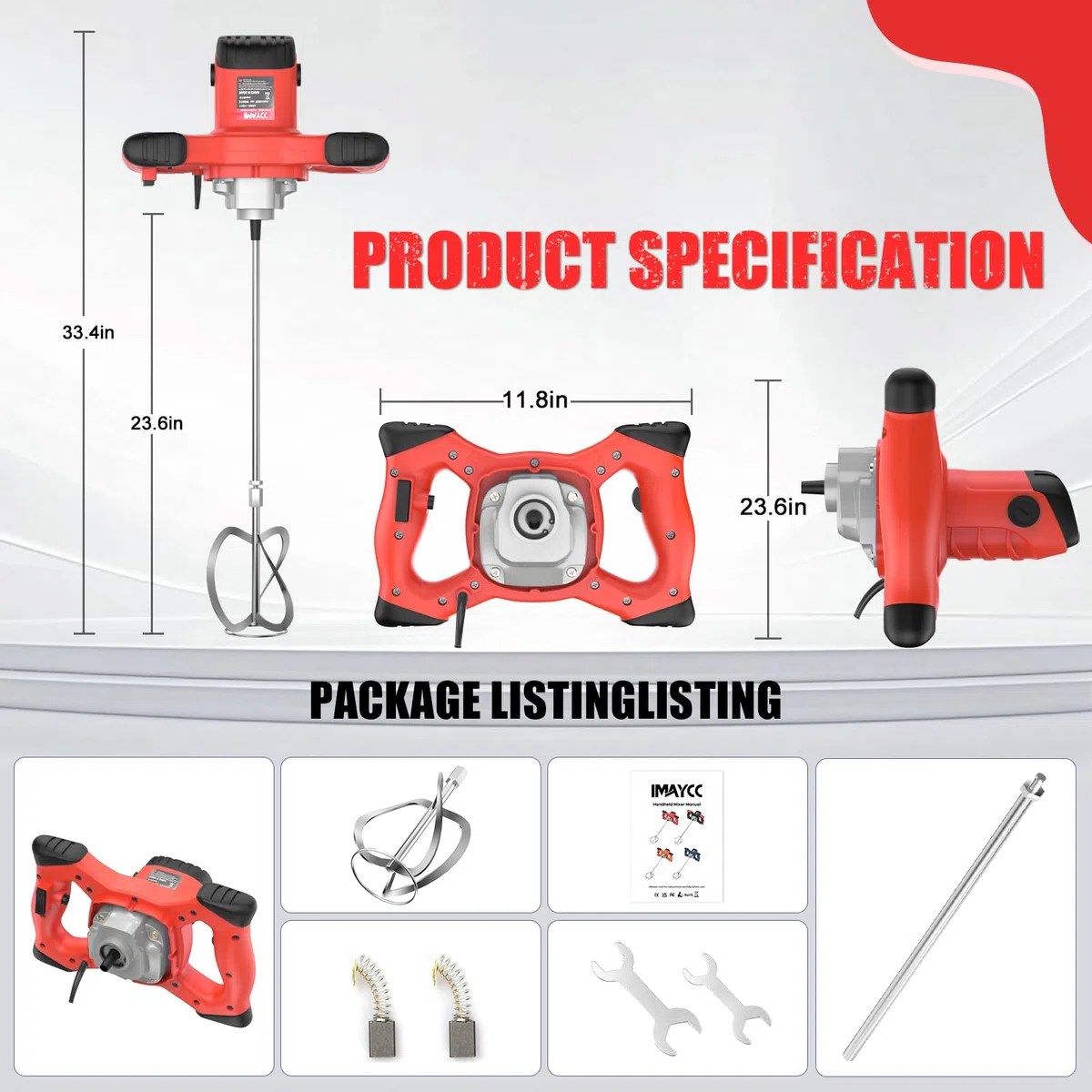 IMAYCC 2100W Miscelatore per Malta,Professionale Miscelatore per Betoniera Cemento Industriale con 6 Velocità, Agitatore M14 Regolabile,Elettrico Betoniera per Miscelazione Liquame Vernice Ecc