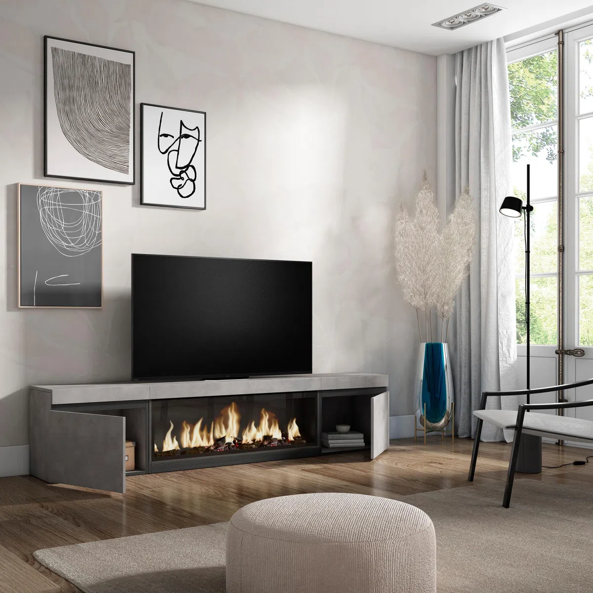 Skraut Home | Mobile TV Soggiorno | Ampio spazio a disposizione | 210 | Per TV fino a 80" | Camino elettrico XXL | Stile moderno | Cemento
