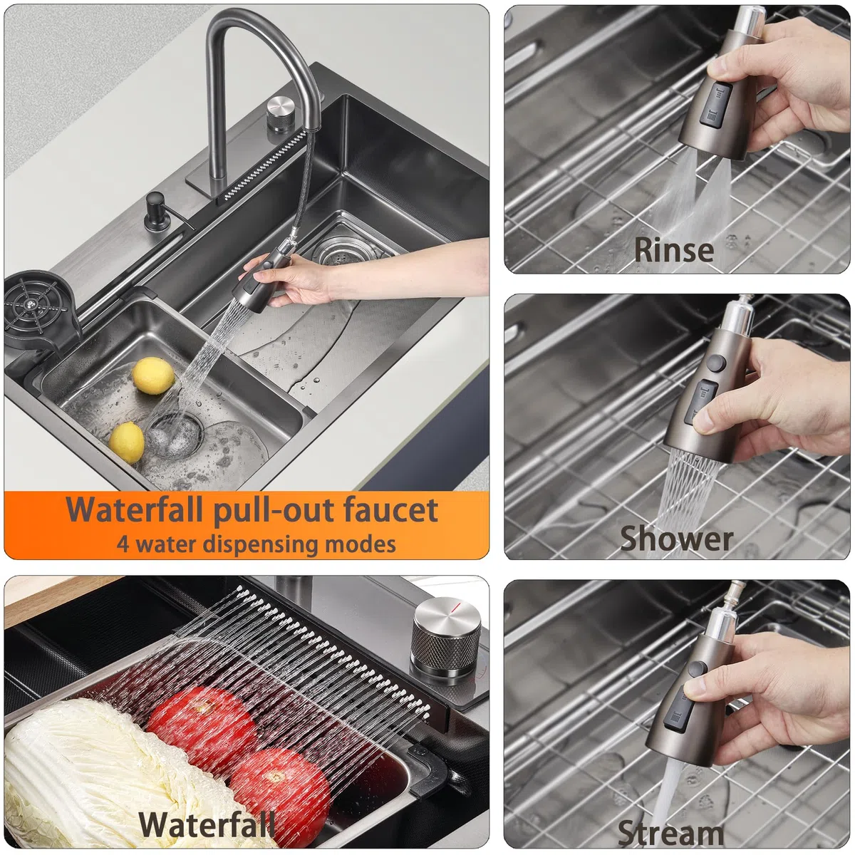 Lavello da cucina a cascata Ribanedy 66 x 50 cm, lavello da cucina in acciaio inossidabile grigio scuro, versatile lavello moderno a vasca singola con rubinetto a spruzzo estraibile e accessori