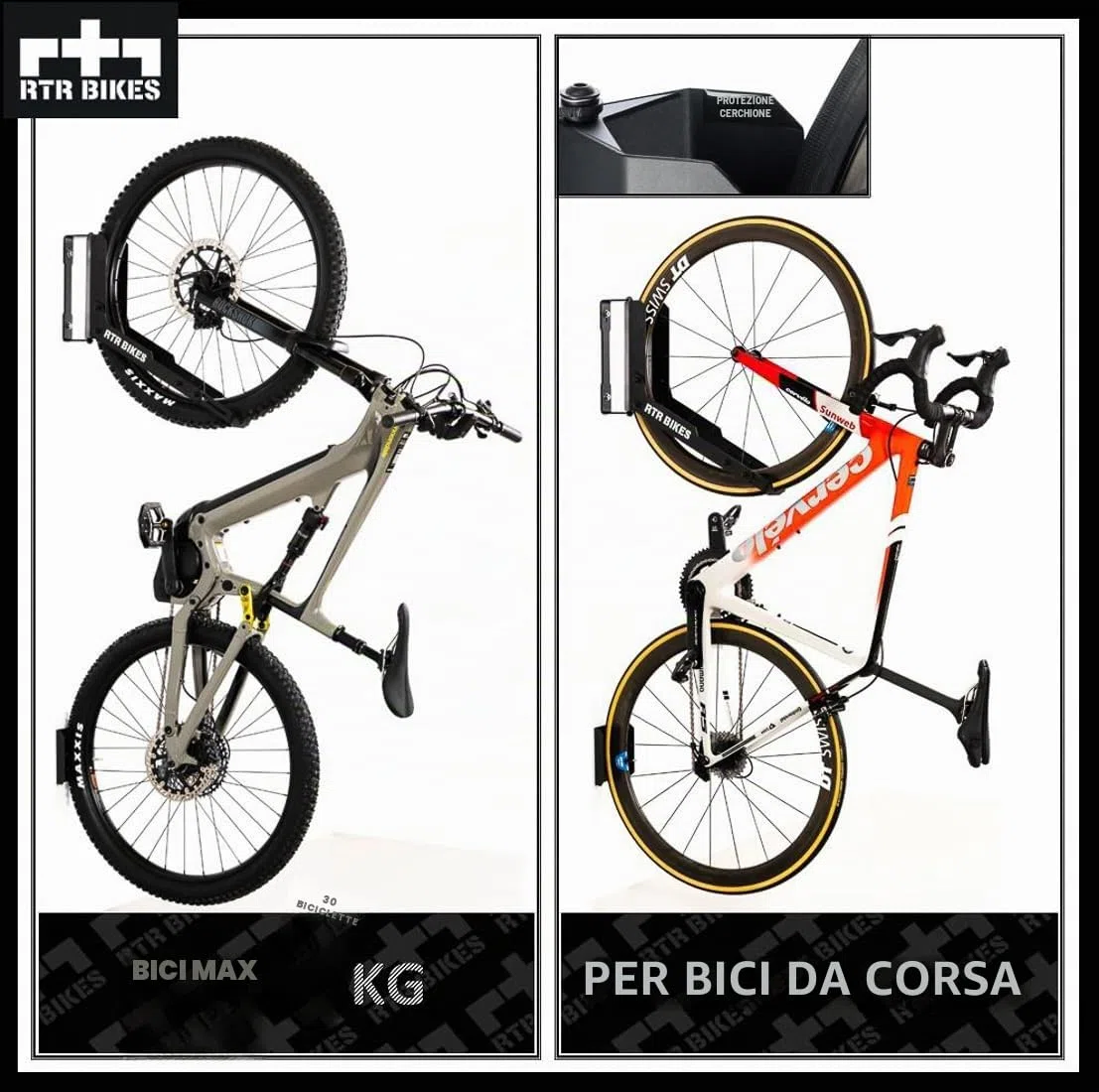 RTR BIKES Kranked Twist Gancio Bici Muro Girevole – Supporto Parete Verticale Ruotabile 180° – Per E-Bike e MTB fino a 30kg – Ruote 24-29" e Gomme 3,5" – Made in EU
