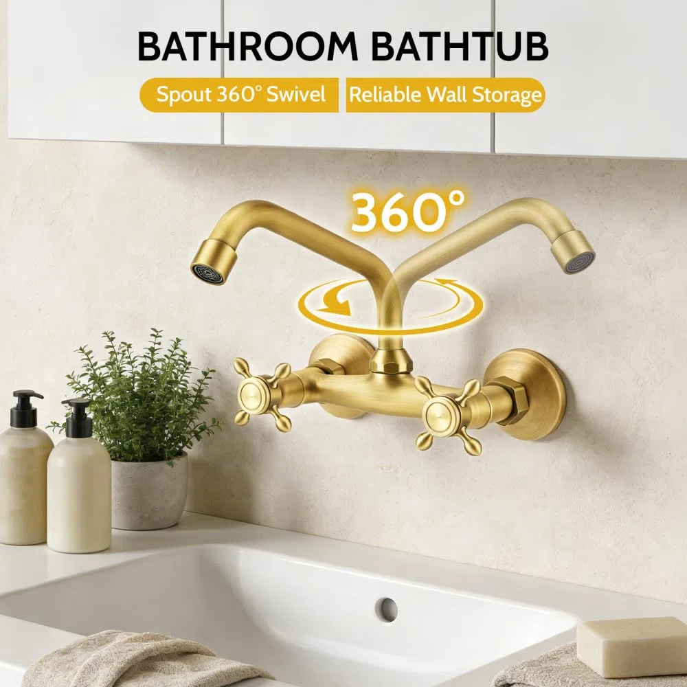 Rubinetto Bagno Lavabo a Muro in Ottone Anticato, Miscelatore Vintage per Cucina con 2 Tubi Flessibili, Girevole 360° con Doppia Manopola, Bocca 25 cm