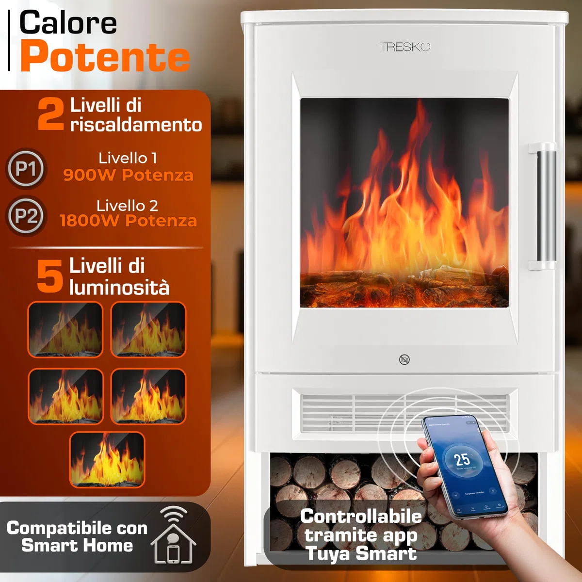 TRESKO Camino elettrico con riscaldamento con telecomando e app WiFi, camino elettrico, 1800 W, effetto fiamma a LED, modalità di colore, termostato, timer, stufa elettrica, camino, camino, 2 livelli