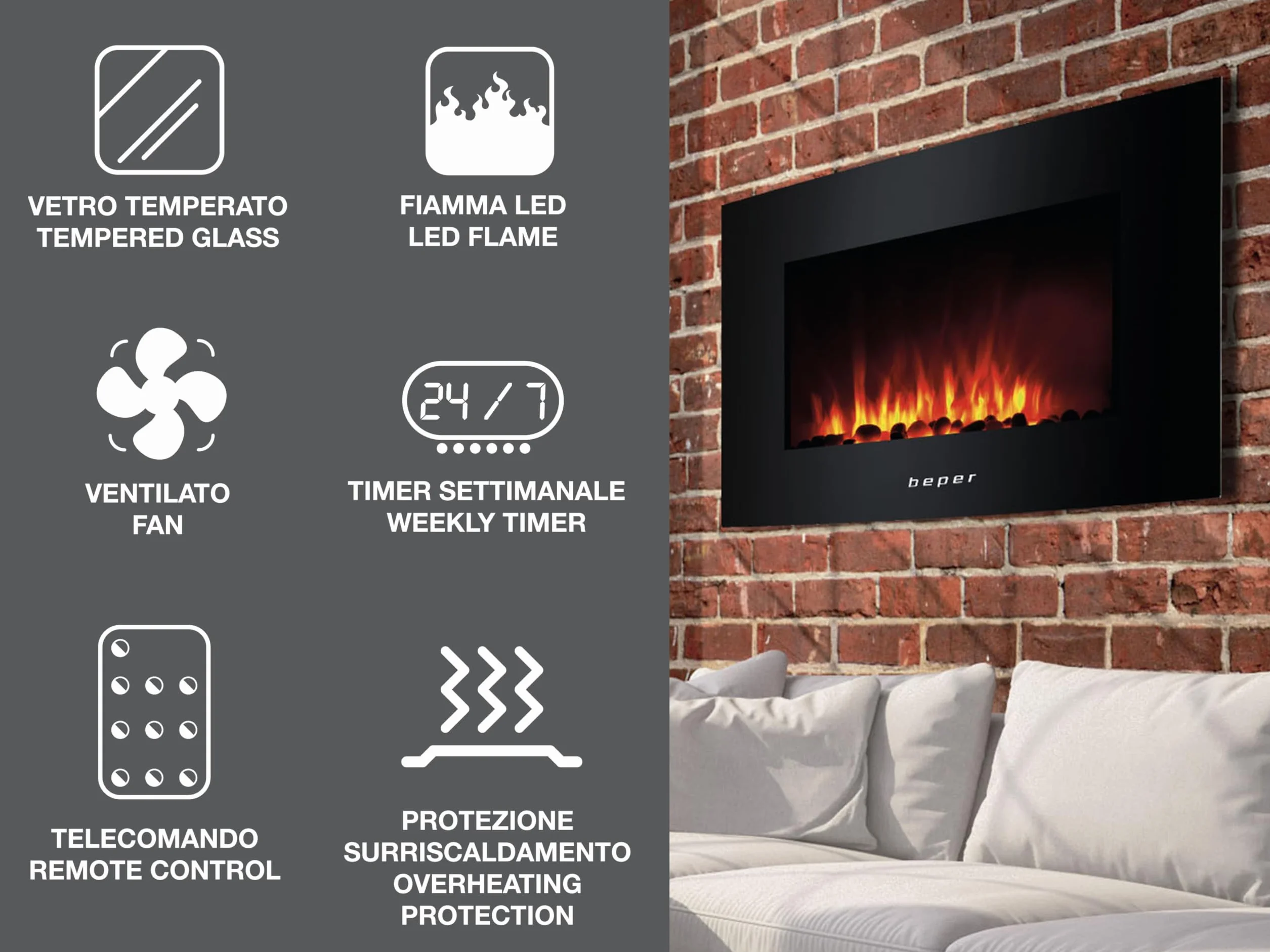 Beper RI.503 – Caminetto Elettrico da Parete, con Telecomando, Effetto Fiamma con 5 Livelli d’Intensità, Timer Settimanale, Modalità Riscaldante con Impostazione della Temperatura, 52 x 66 x 15 cm