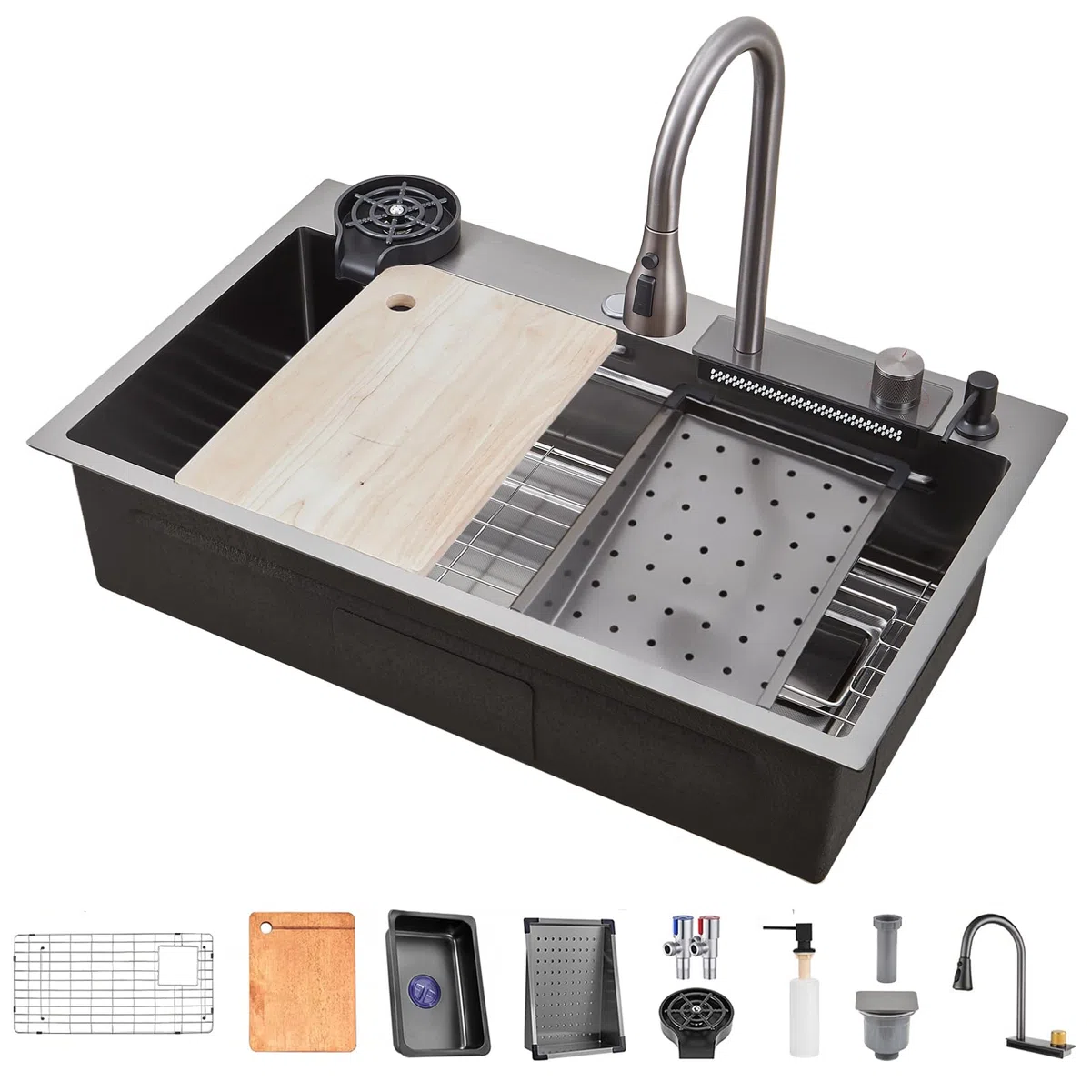 Lavello da cucina a cascata, lavello in acciaio inossidabile T304, 86 x 50 cm, lavello da cucina multifunzionale, lavello da incasso, lavello con rubinetto multifunzionale e vari accessori