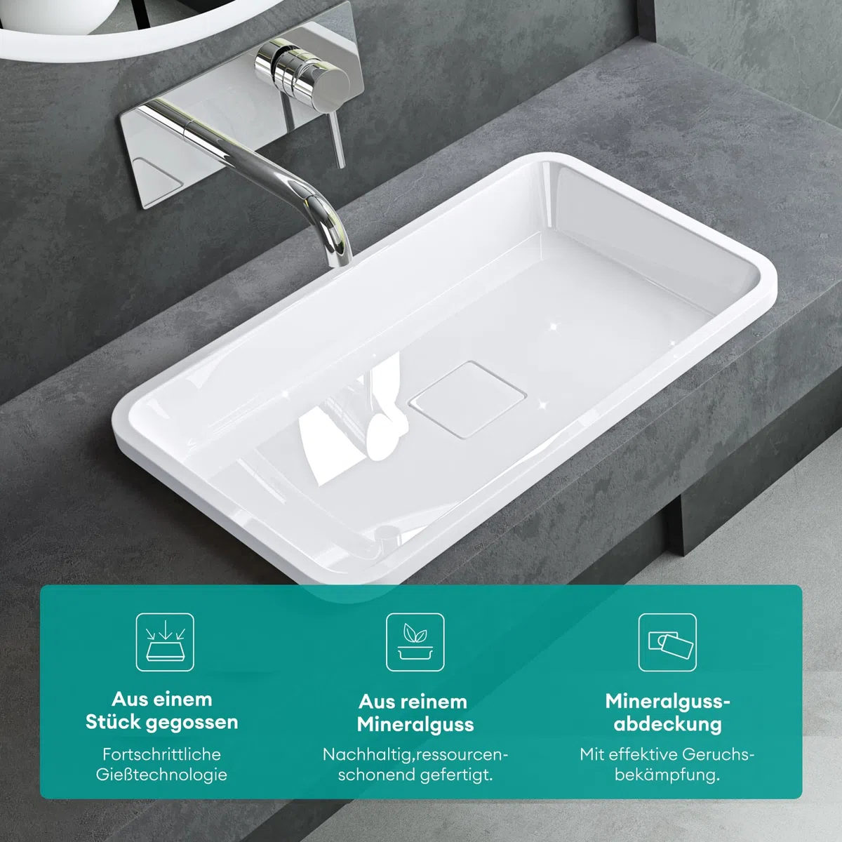 Mai & Mai Lavabo da Incasso 53x33x10.5cm, Lavandino Bagno da Appoggio Rettangolare da Minerale Fuso, Bianco Lucido, Colossum104